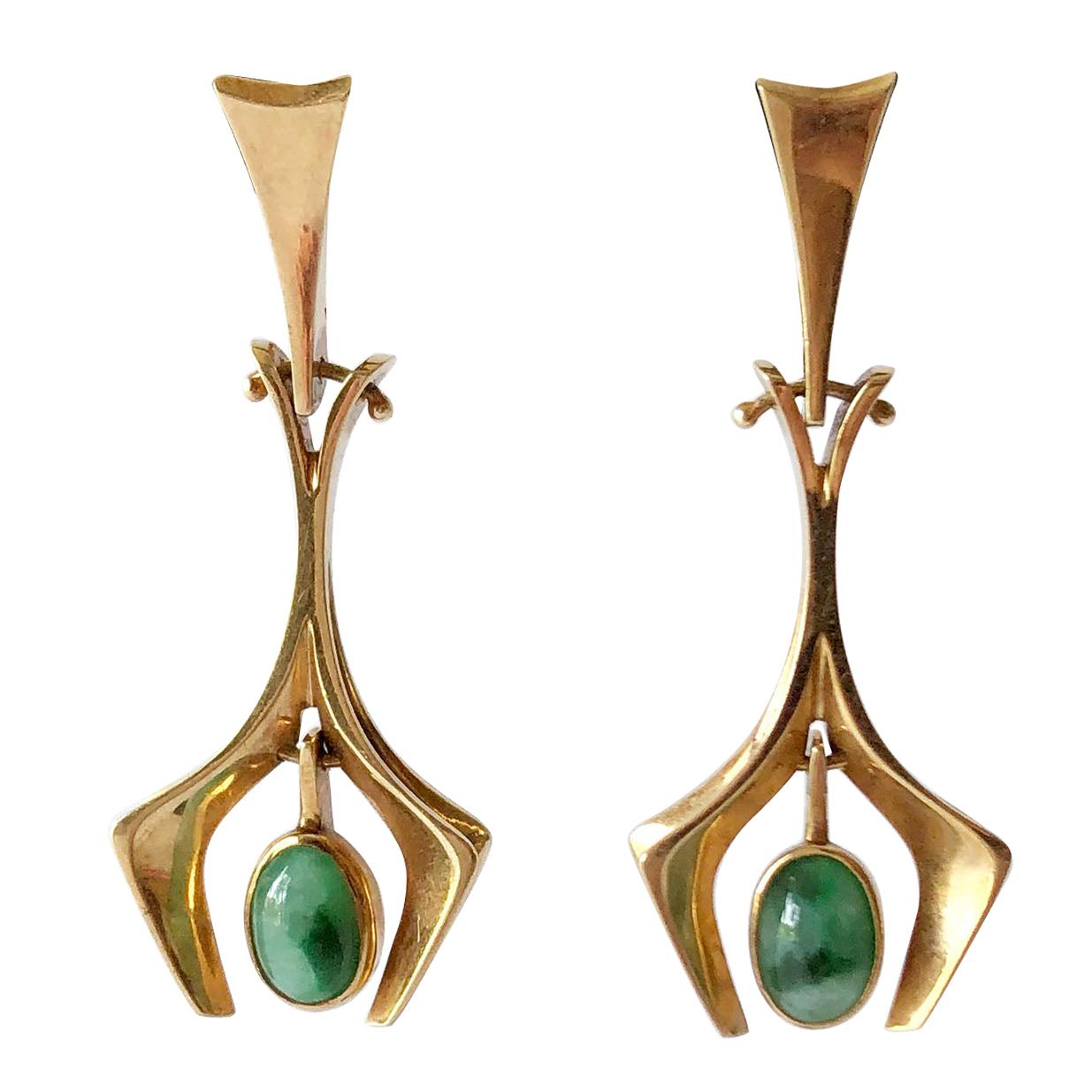 Stanley Lecthzin Gold Jade American Modernist Earrings