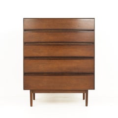 Stanley Mid-Century Walnut 5 Drawer Highboy Dresser