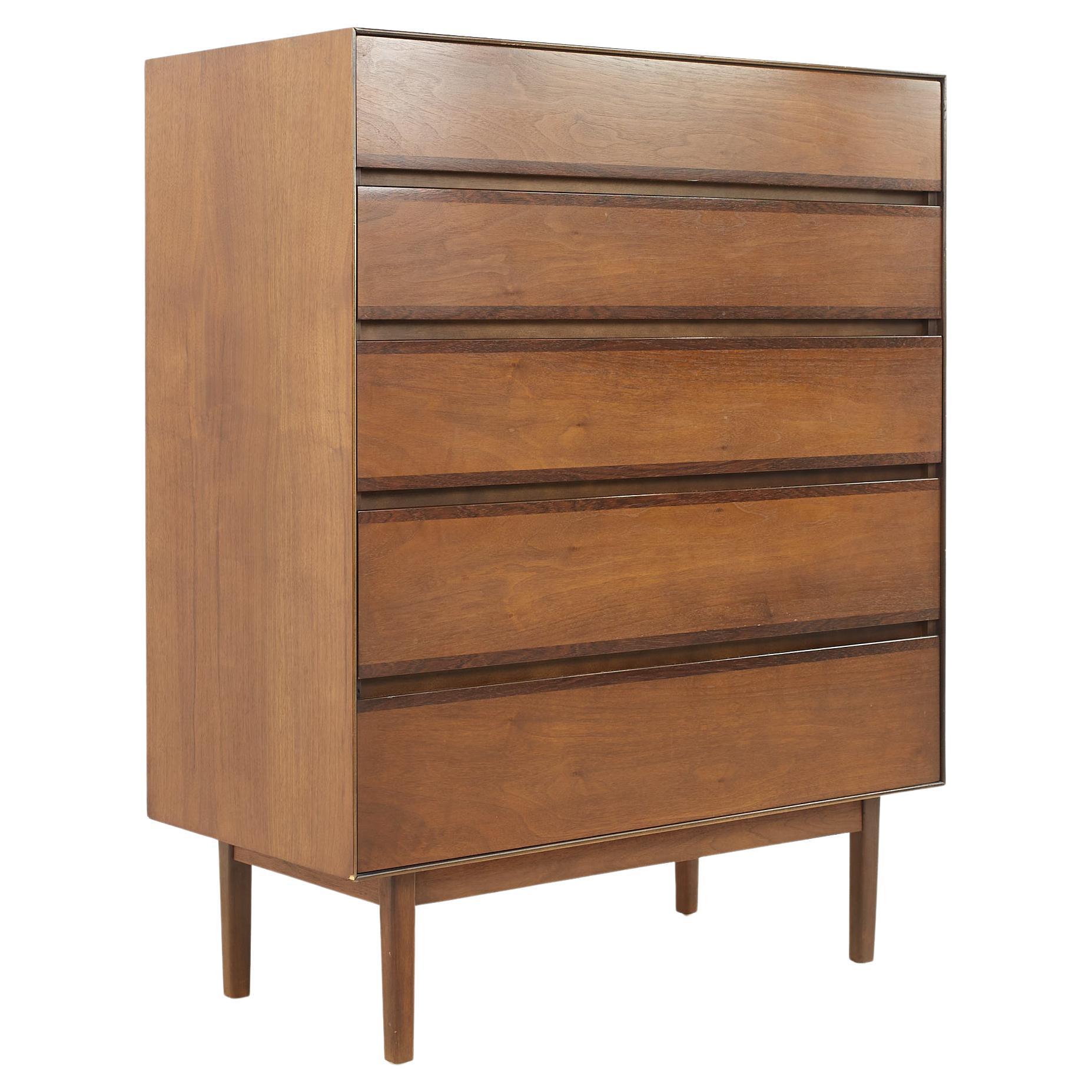Stanley Mid-Century Walnut 5 Drawer Highboy Dresser