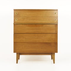 Stanley Mid Century Walnut and Brass 5 Drawer Highboy Dresser