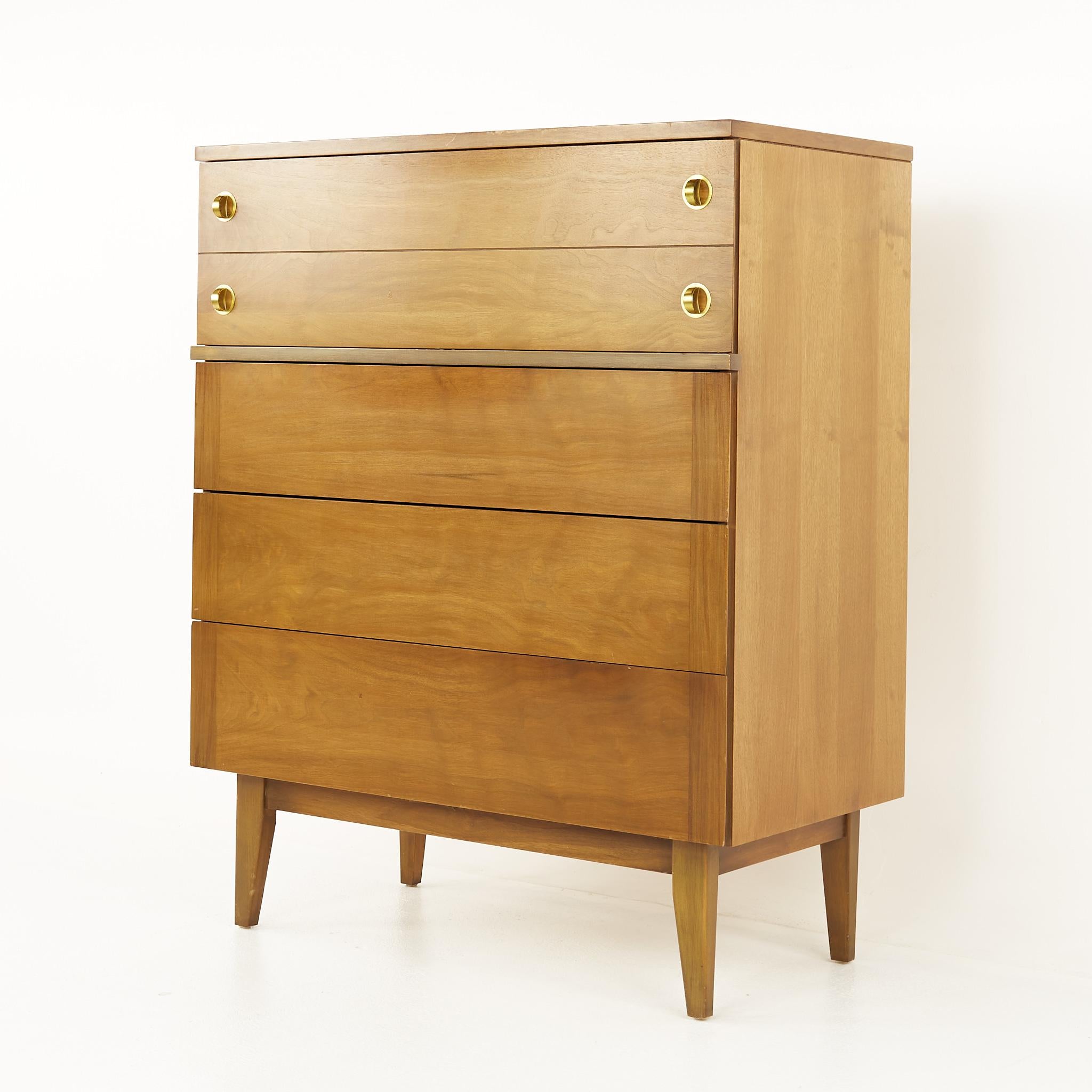 Mid-Century Modern Stanley Mid Century Walnut and Brass 5 Drawer Highboy Dresser