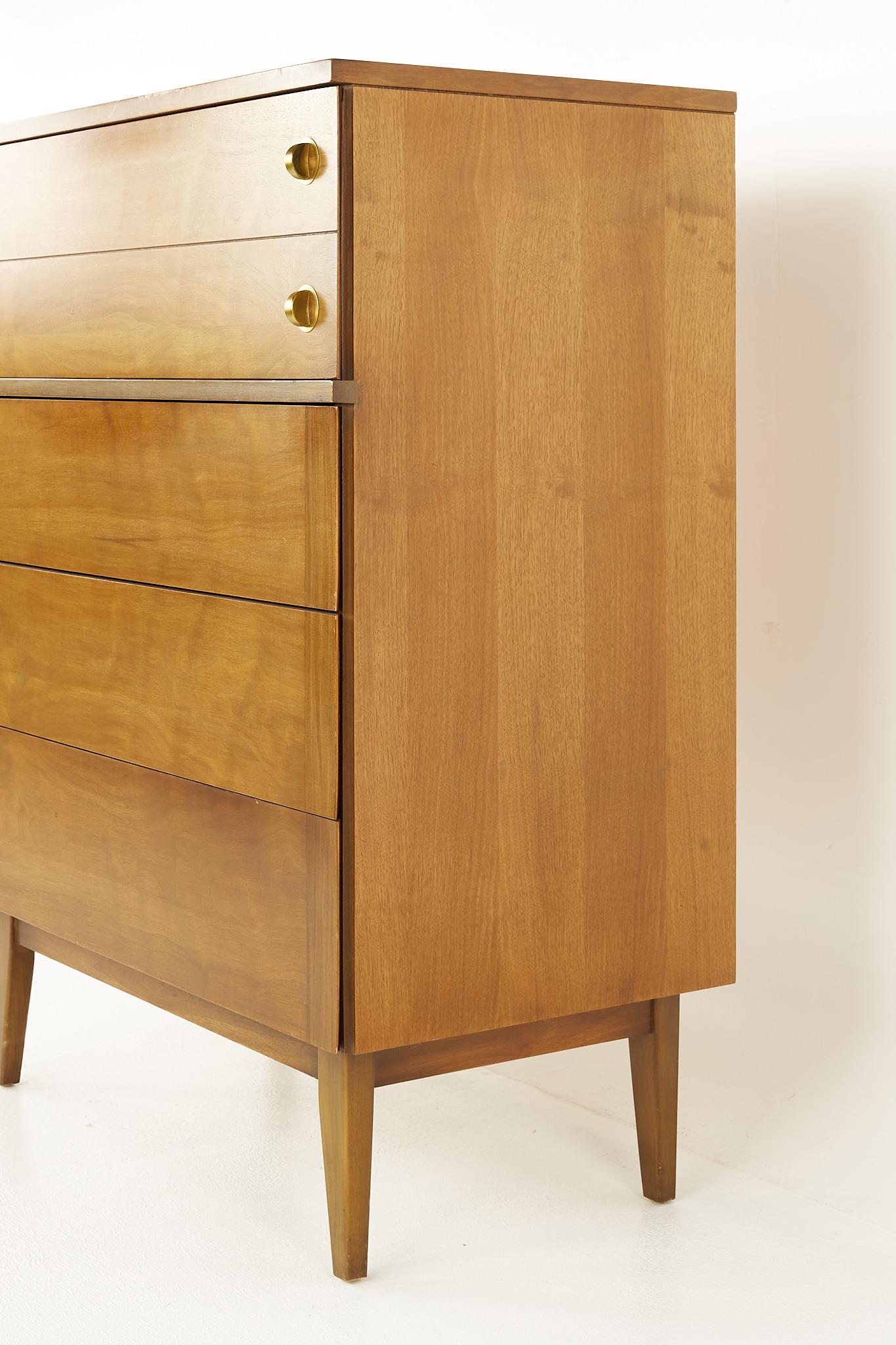 Stanley Mid Century Walnut and Brass 5 Drawer Highboy Dresser In Good Condition In Countryside, IL