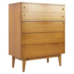 Stanley Mid Century Walnut and Brass Highboy Dresser 5 tiroirs