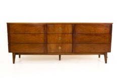 Stanley Mid Century Walnut and Brass 9 Drawer Lowboy Dresser