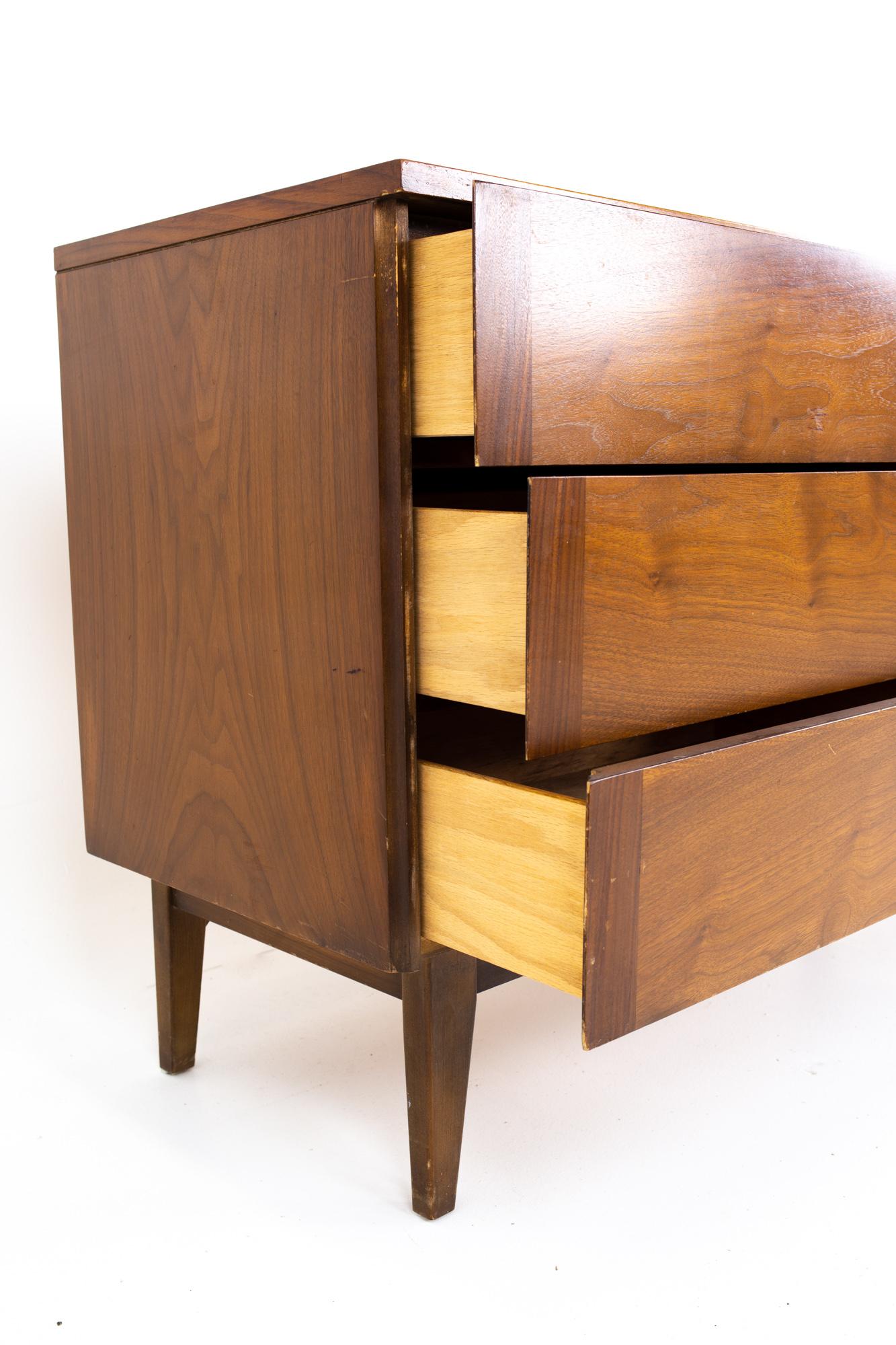 Mid-Century Modern Stanley Mid Century Walnut and Brass 9 Drawer Lowboy Dresser