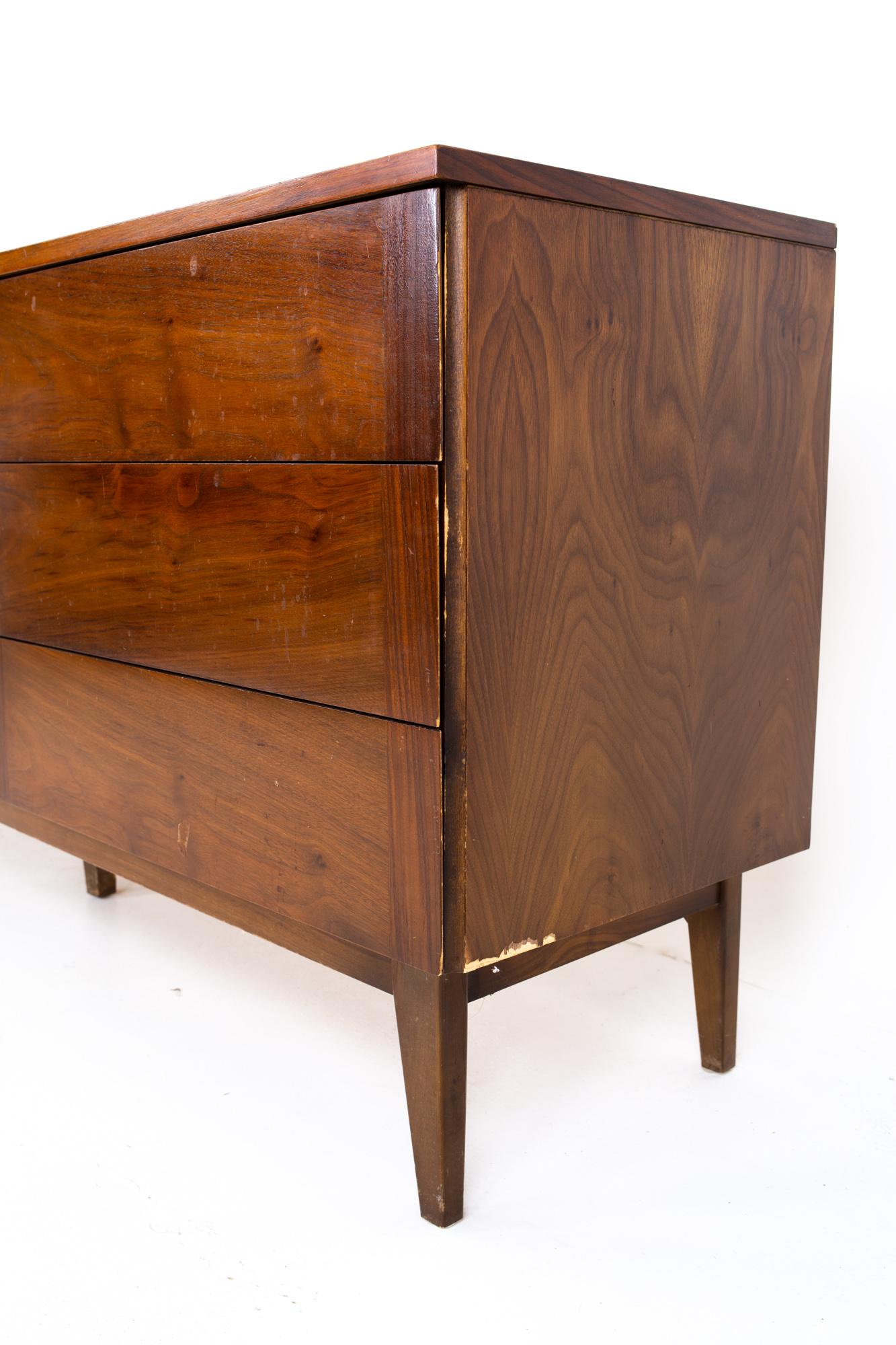 American Stanley Mid Century Walnut and Brass 9 Drawer Lowboy Dresser