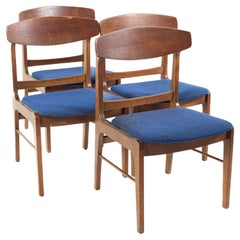 Vintage Stanley Mid Century Walnut Blue Seat Dining Chairs, Set of 4