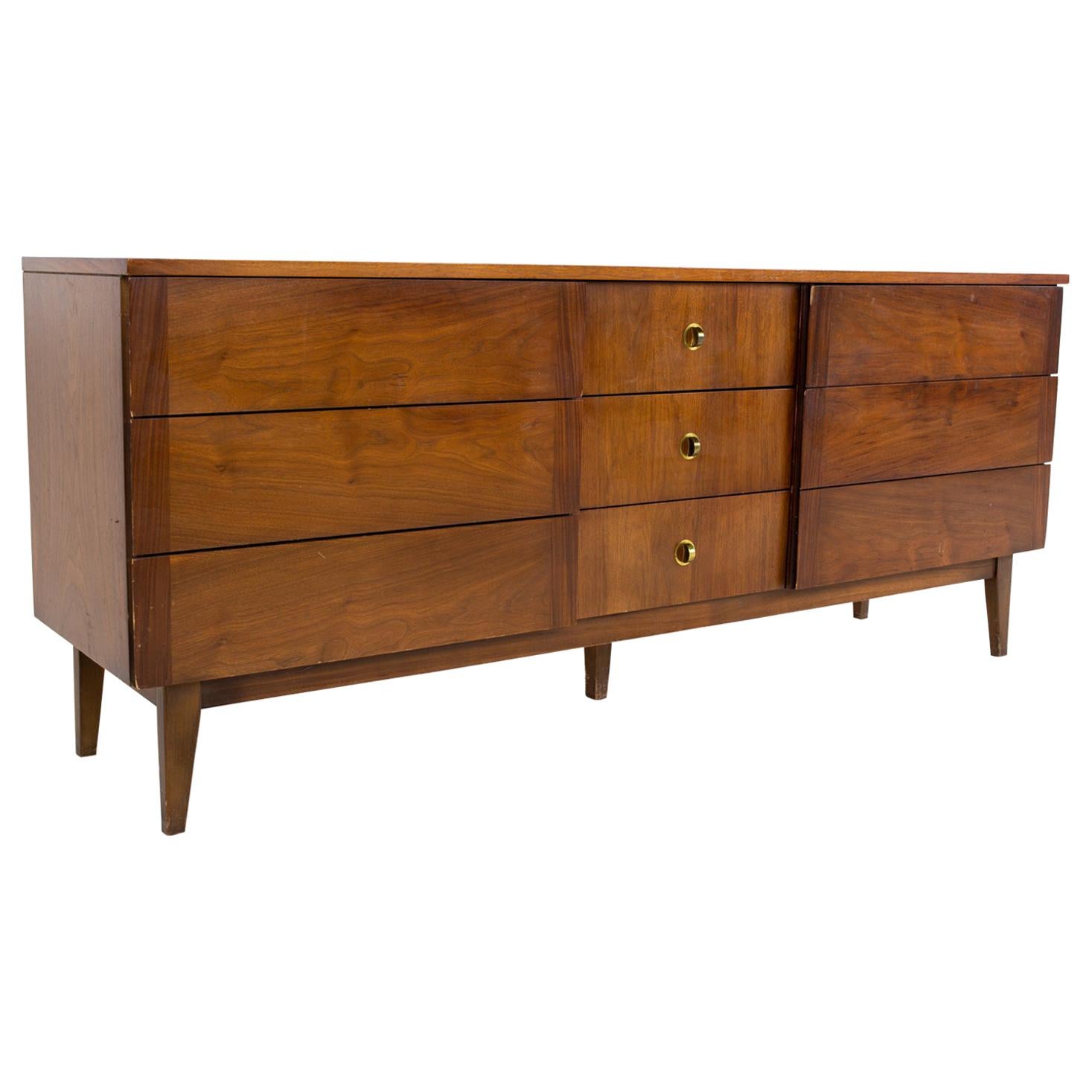 Stanley Mid Century Walnut and Brass 9-Drawer Lowboy Dresser