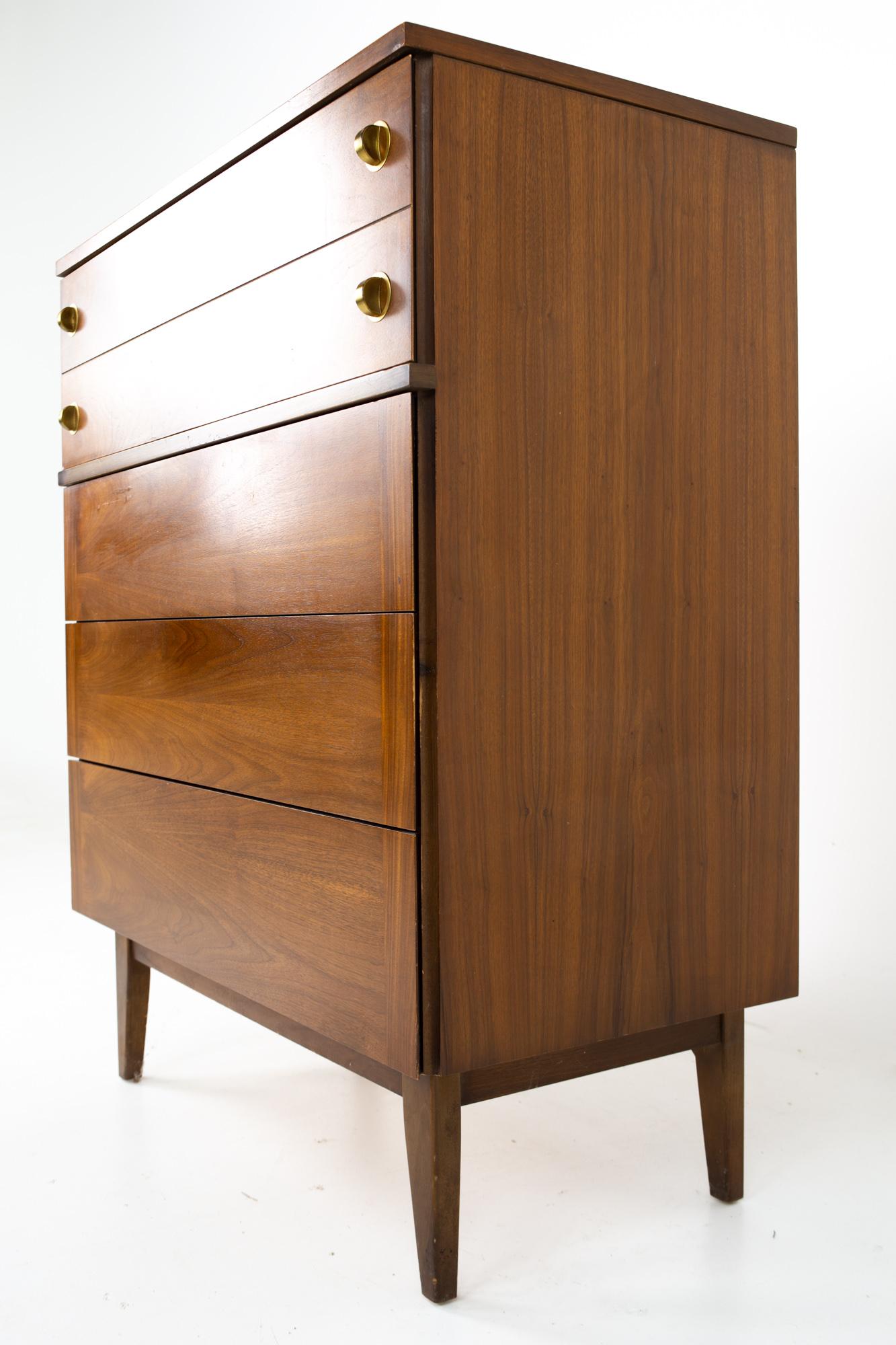 Stanley Mid Century Walnut and Brass Highboy Dresser In Good Condition In Countryside, IL
