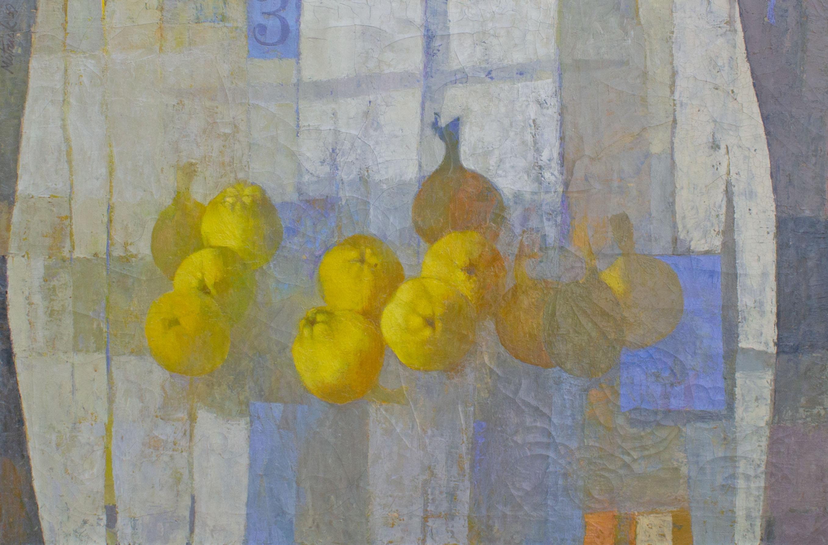 A 1959 oil on canvas painting titled Quince by mid-century Chicago artist Stanley Mitruck (1922-2006). Signed and dated to the top left, this still life painting depicts a grouping of quince in an obscure interior space depicted in blue, gray, and