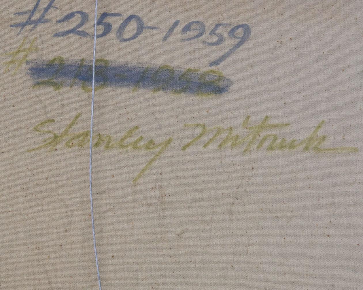 Milieu du XXe siècle Stanley Mitruck Signé 1959 Quince Huile sur toile Nature morte abstraite Peinture en vente