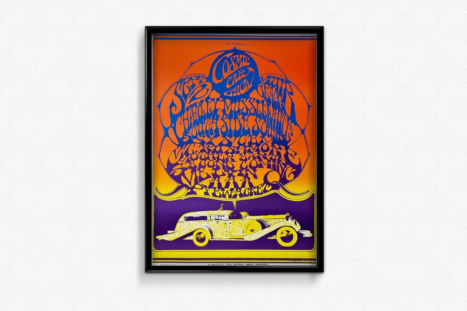 Screen printed poster designed by Stanley Mouse, depicting a classic car under a text bubble in a psychedelic font.

The text gives the details of the event: Saturday, September 2, $1 donation, Muir Beach.

The flyer also lists the bands that will