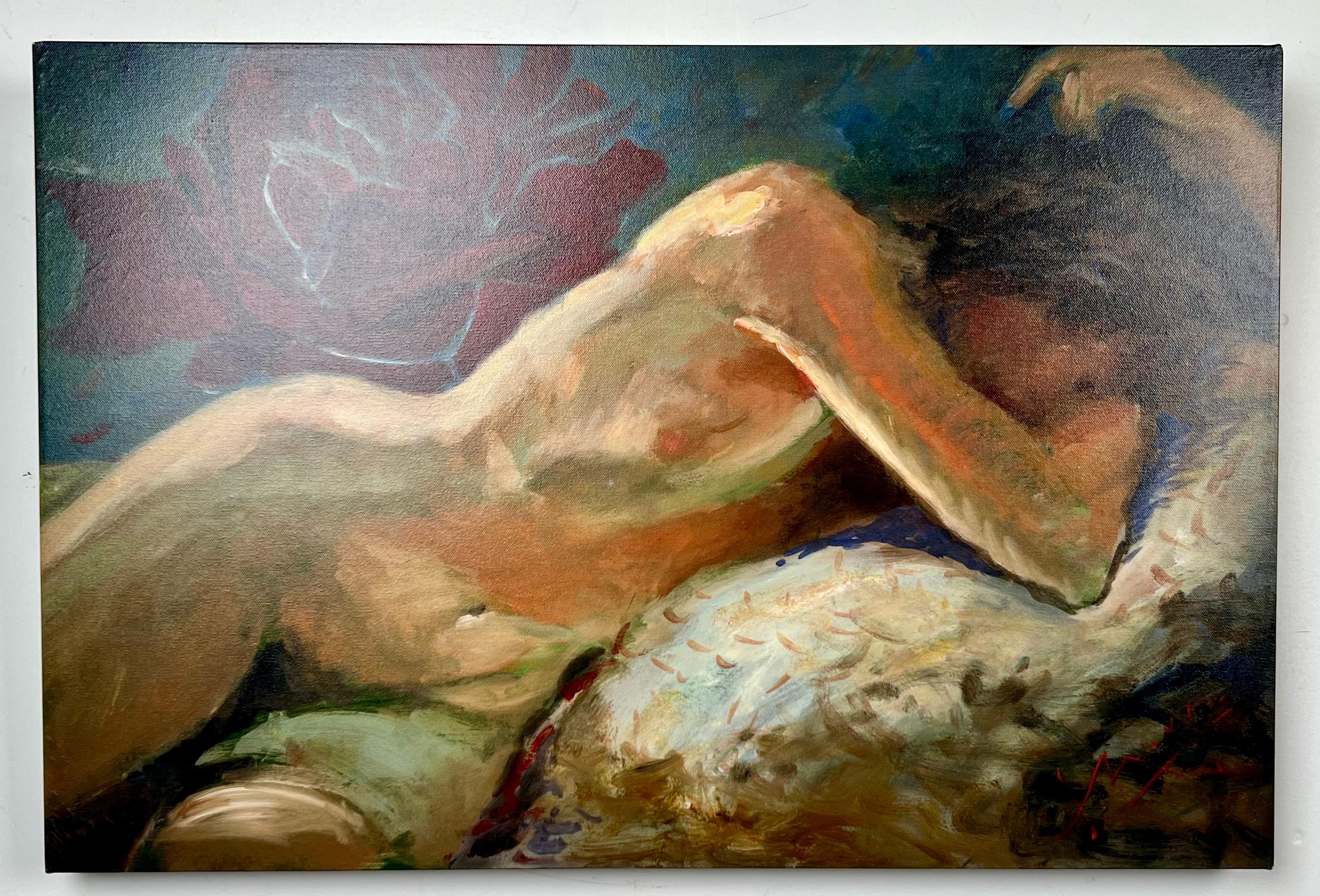 
Stanley Mouse (American, b. 1940) Reclining Nude Giclée on canvas, dated 11/2012 and hand signed 
This fine-art giclée on canvas by Stanley Mouse features a reclining nude  figure rendered in expressive, painterly form. The composition reflects