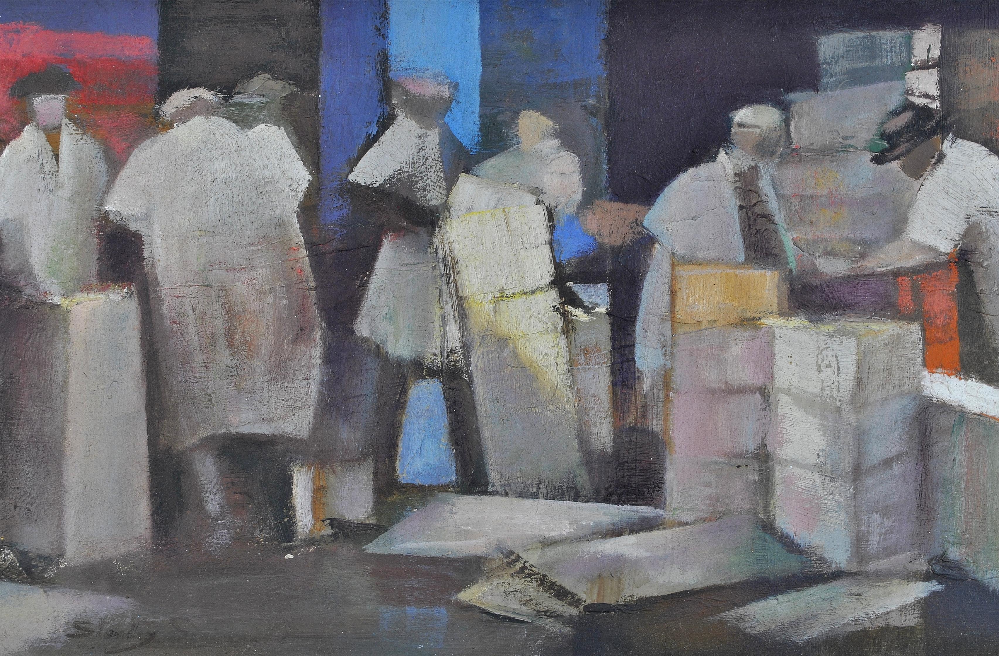 A fine c.1960 oil on board by Stanley Simmonds depicting the famous white coated porters at the original Billingsgate Market in the City of London. 

This painting comes from an important series of Billingsgate Market paintings that the artist