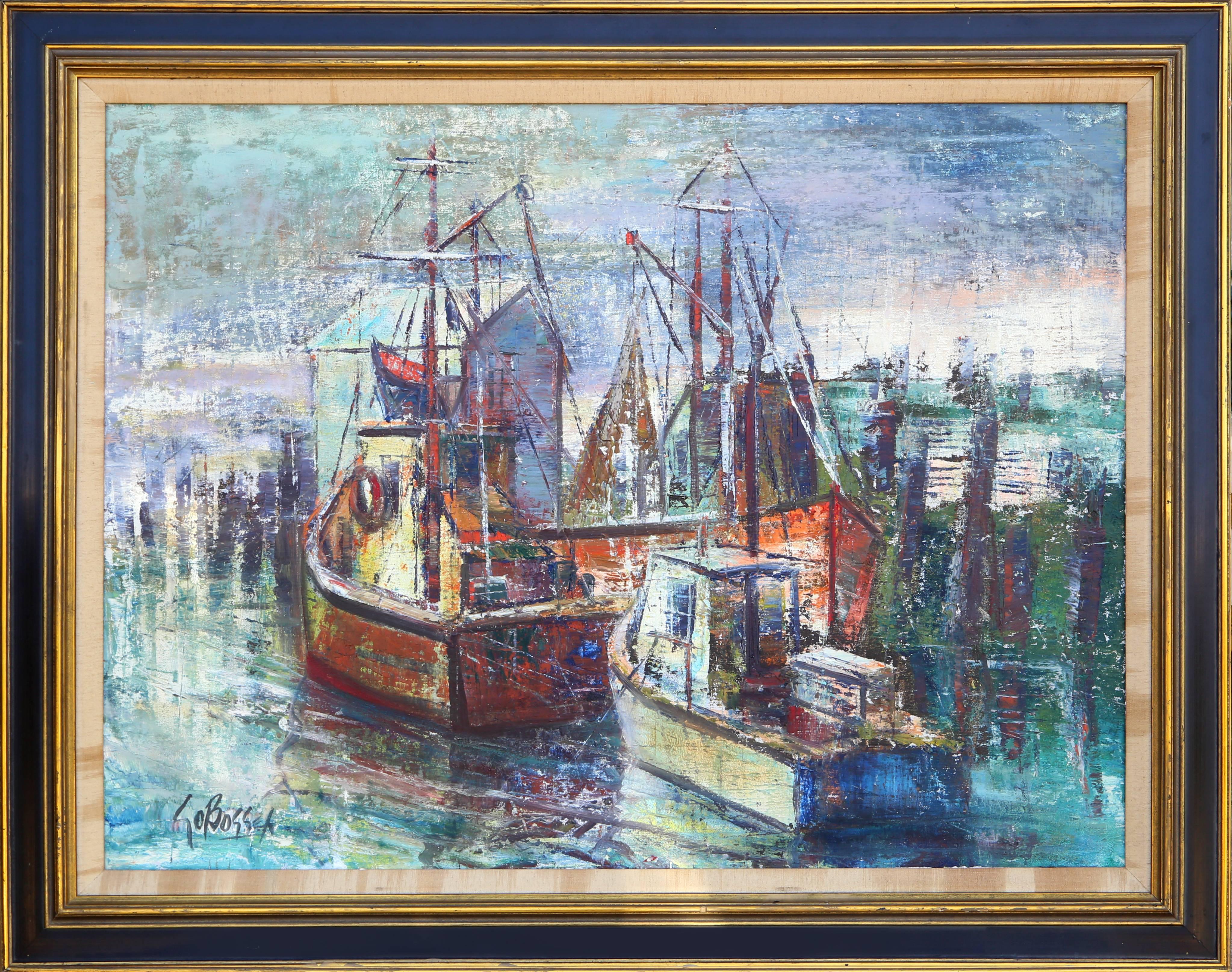 Artista:  Stanley Sobossek, estadounidense (1918 - 1996)
Título:  Barcos
Medio:  Óleo sobre lienzo, firmado a la izquierda
Tamaño:  30 x 40 pulgadas
Tamaño del marco:  38 x 46 pulgadas