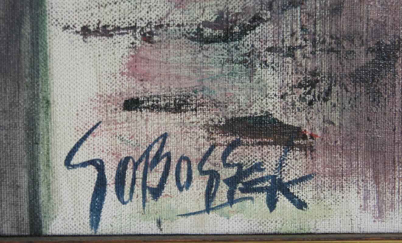 Artist:	Stanley Sobossek, American (1918 - 1996)
Title:	City Street 
Year:	circa 1965
Medium:	Oil on Canvas, Signed
Size: 43 x 34 inches [109 x 86 cm] 