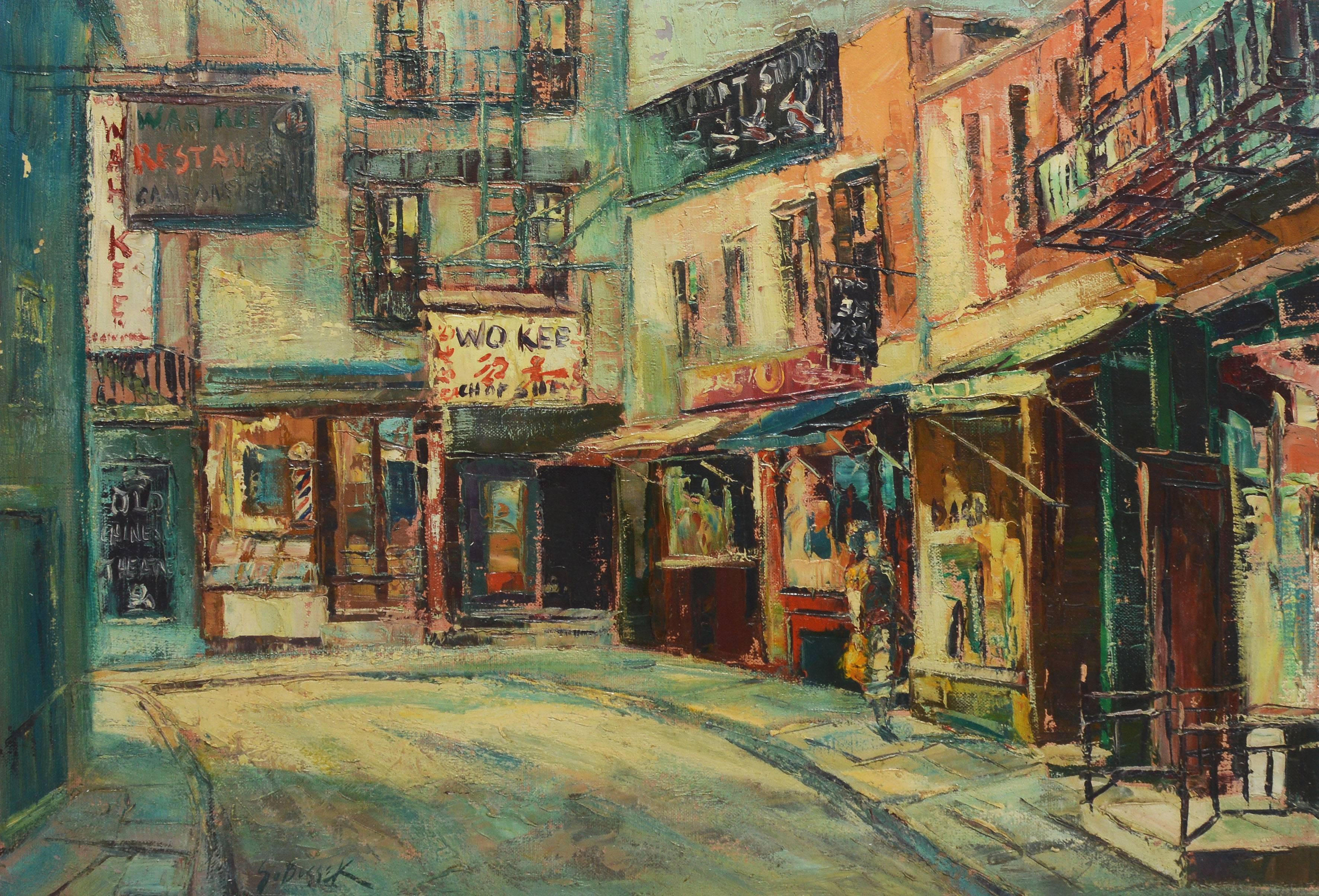 Impressionist view of Chinatown in New York City by Stanley Sobossek  (1918 - 1996).  Oil on canvas, circa 1945.  Signed.  Displayed in a period modernist frame.  Image size, 30
