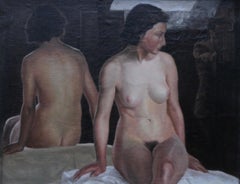 Reflected Female Nude with Artist - British Slade Sch 30's portrait oil painting