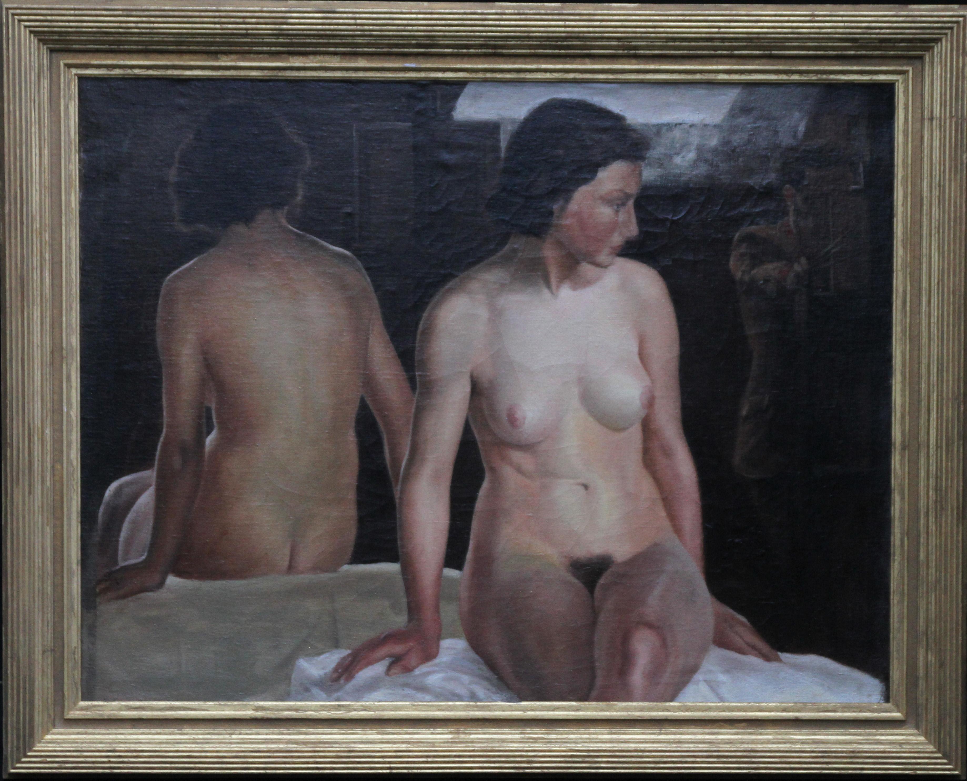 Stanley Spencer (circle) Portrait Painting - Reflected Female Nude with Artist - British Slade Sch 30's portrait oil painting