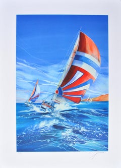 VELA: Lo Spinnaker Rosso - Litografia originale, firmata a mano & Ltd /150