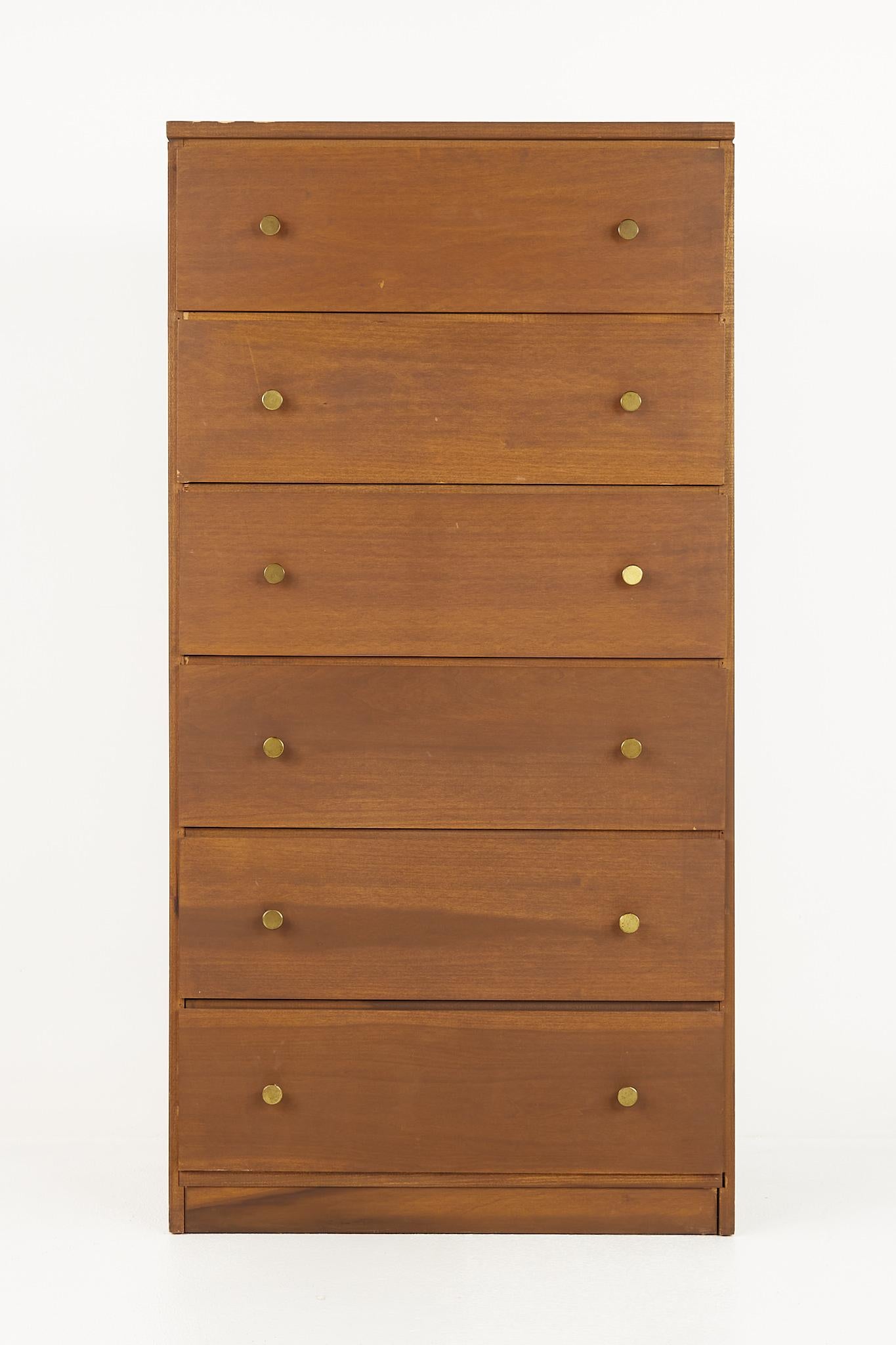 Stanley style mid century walnut and brass 6 drawer highboy dresser

This dresser measures: 27 wide x 16 deep x 53.25 inches high

All pieces of furniture can be had in what we call restored vintage condition. That means the piece is restored
