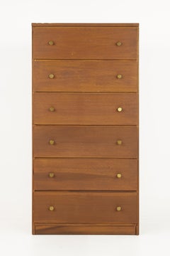 Stanley Style Mid Century Walnut and Brass 6 Drawer Highboy Dresser