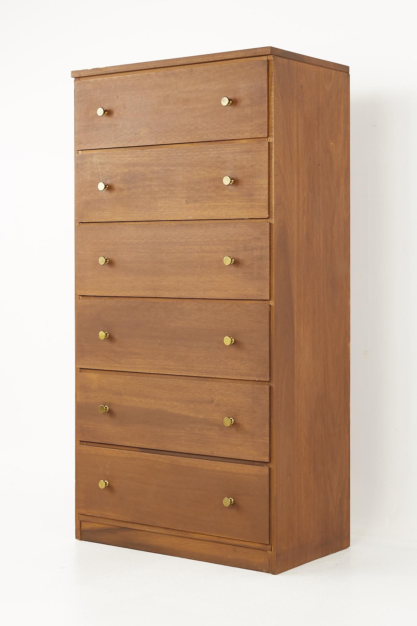 Mid-Century Modern Stanley Style Mid Century Walnut and Brass 6 Drawer Highboy Dresser
