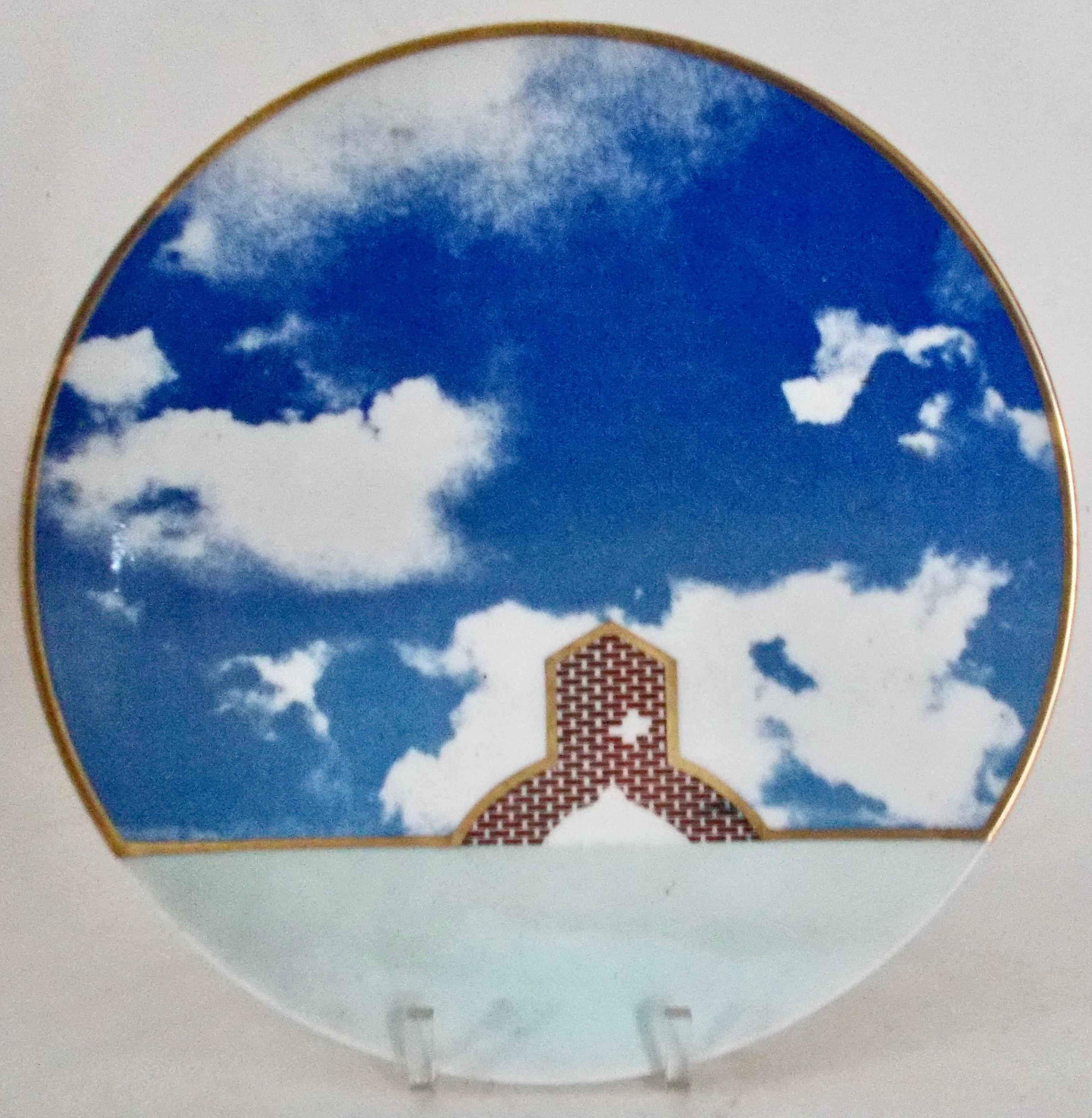 Stanley Tigerman post-modern image of sky and architecture. Rare original period porcelain 'transfer' printed plate, initialed and dated in gilt on the verso.