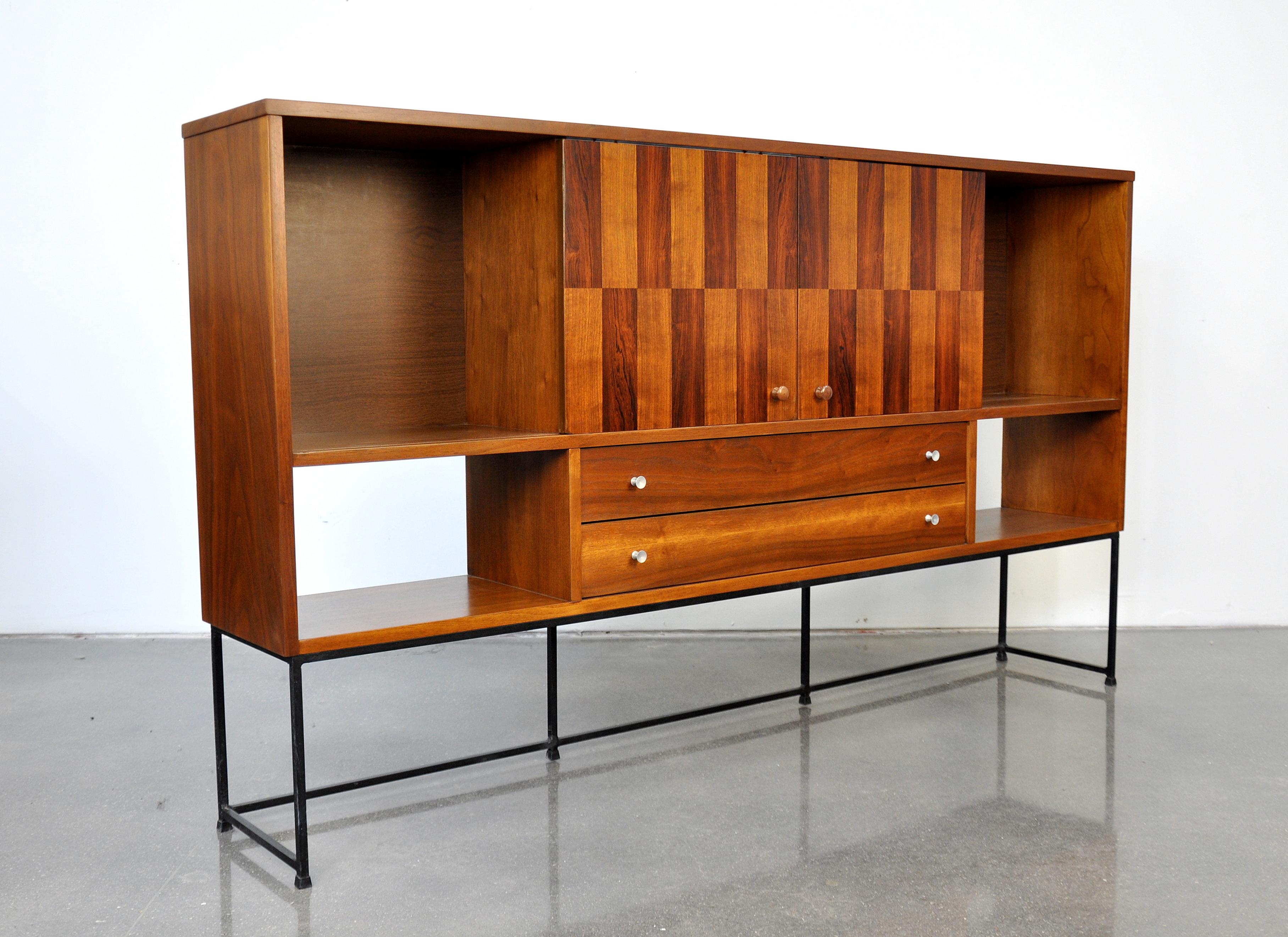 Mid-Century Modern Stanley Walnut, Rosewood and Iron Bar Cabinet