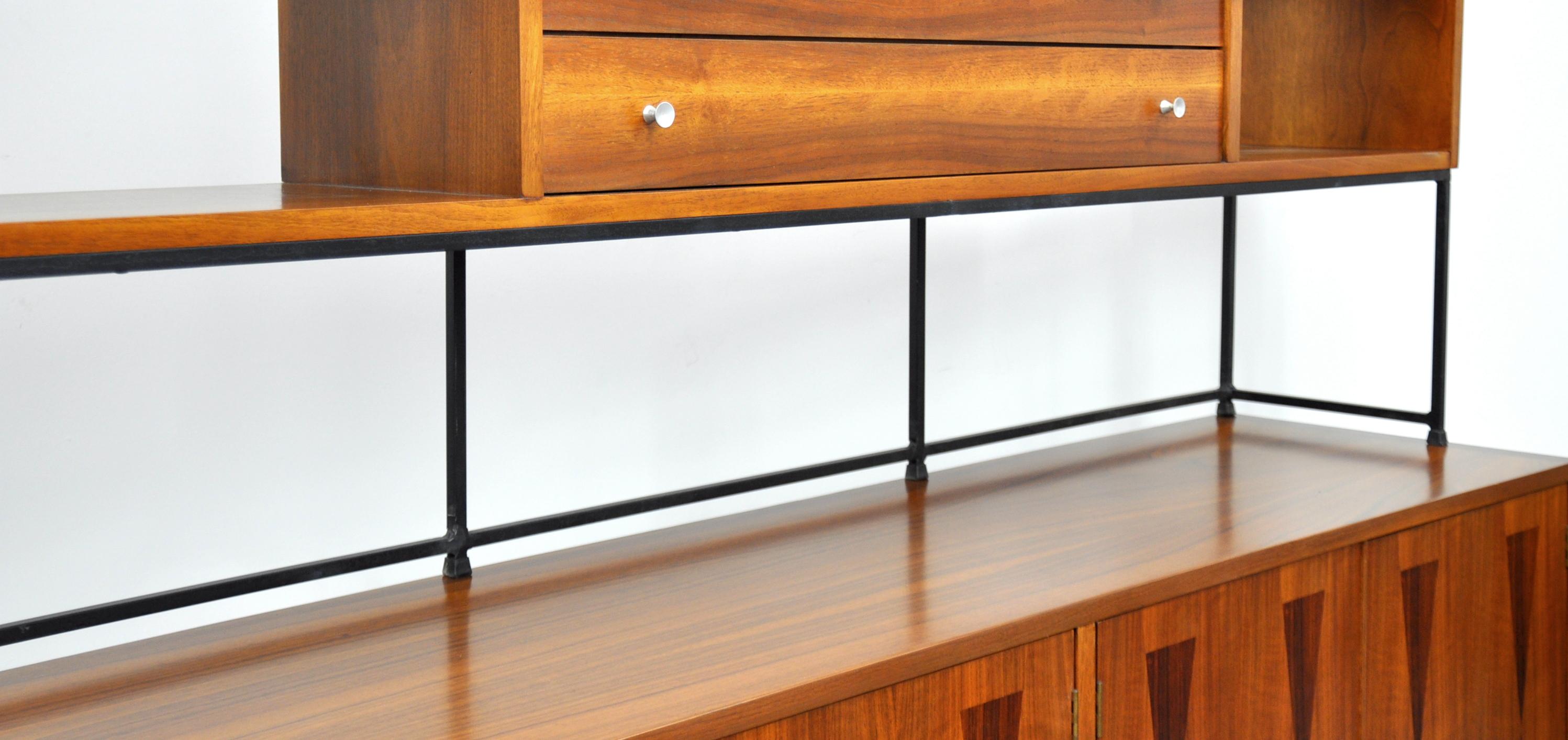 Stanley Walnut, Rosewood and Iron Credenza and Hutch 5