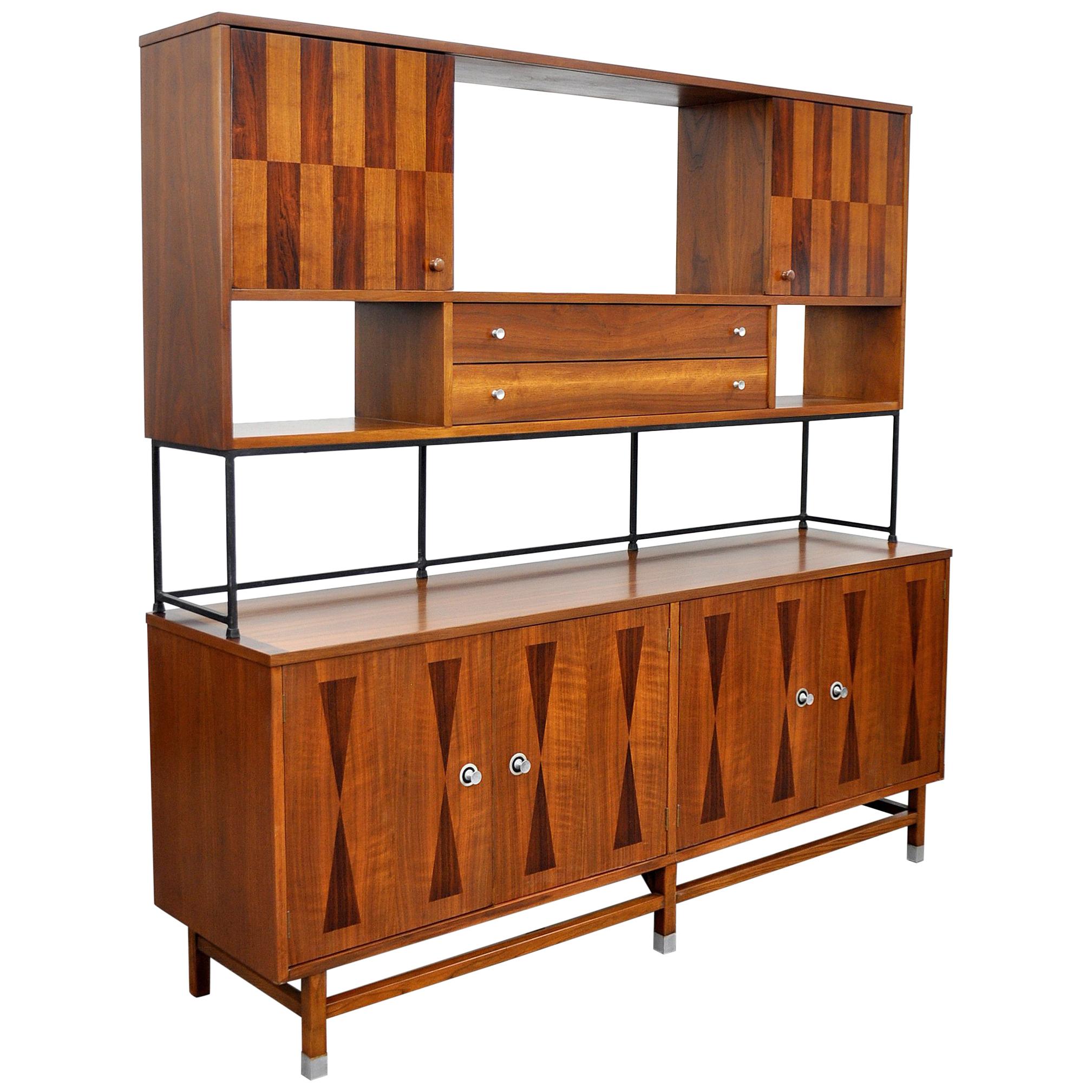 Stanley Walnut, Rosewood and Iron Credenza and Hutch