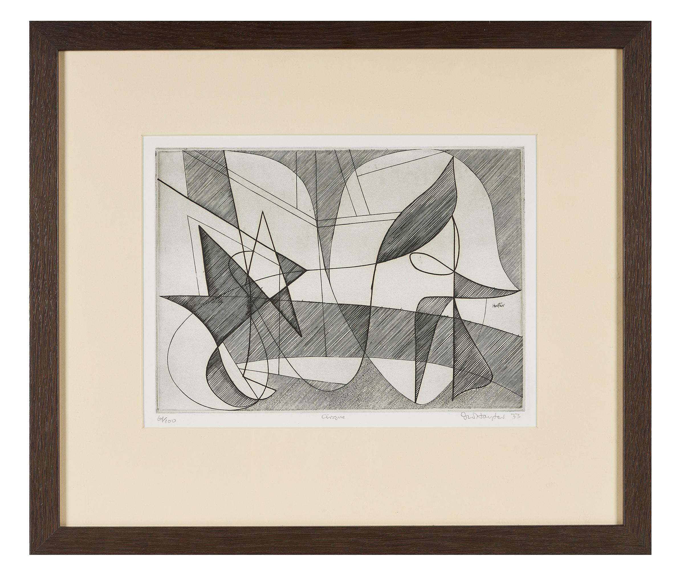 Stanley William Hayter (English, 1901-1988), 'Cirque', engraving, signed, inscribed with title, dated '33 but second edition 1973, and numbered 61/100 in pencil, framed.