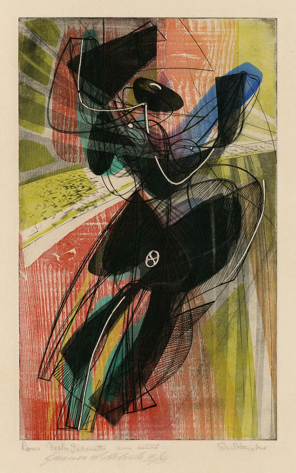 Stanley William Hayter Abstract Print - 'Danse du Soleil' (Sun Dance; Sun Dancer) — Mid-century Modernism, Atelier 17