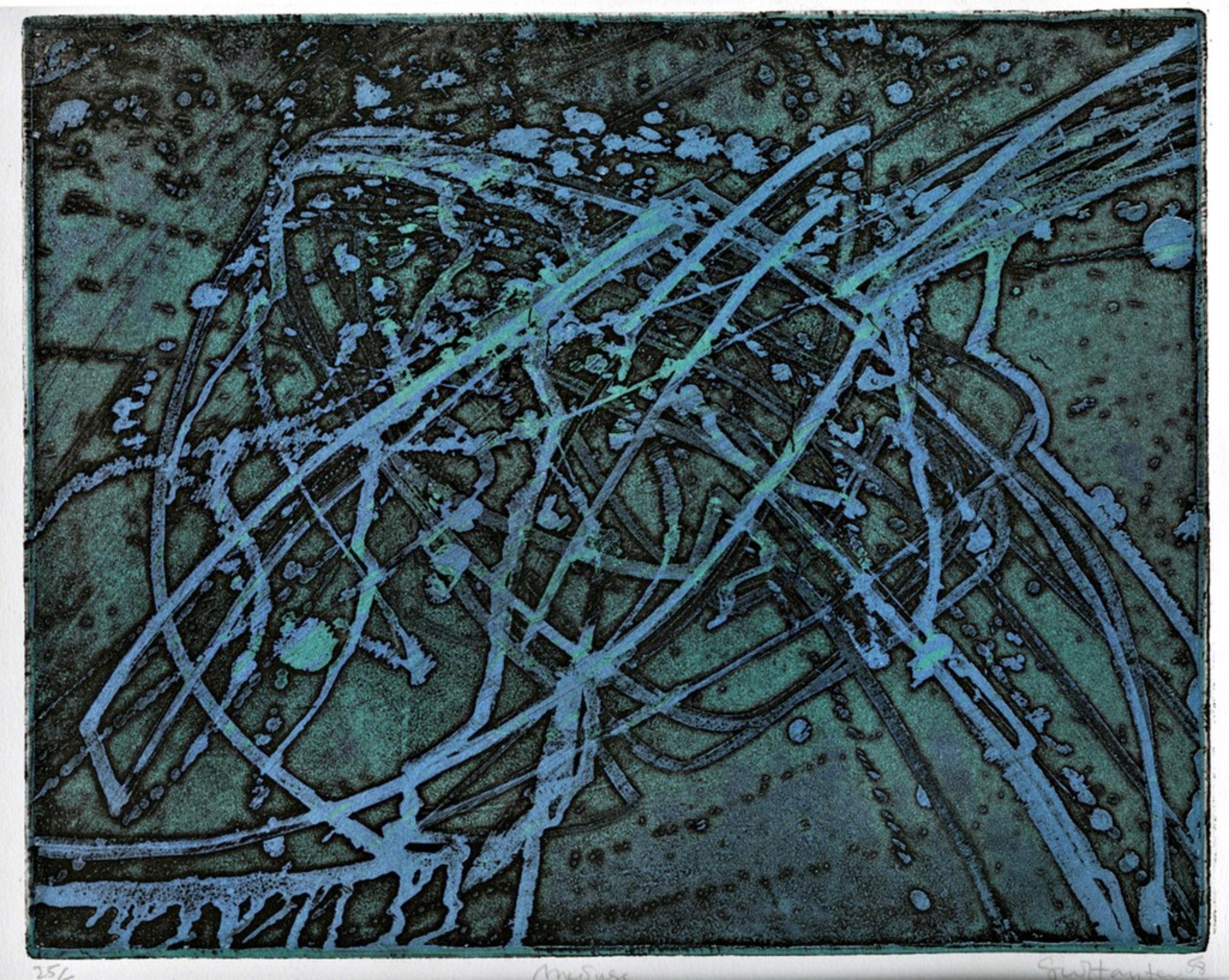 Méduse (Méduse) rare expressionniste abstraite moderne du milieu du siècle dernier signée/encadrée - Mixed Media Art de Stanley William Hayter