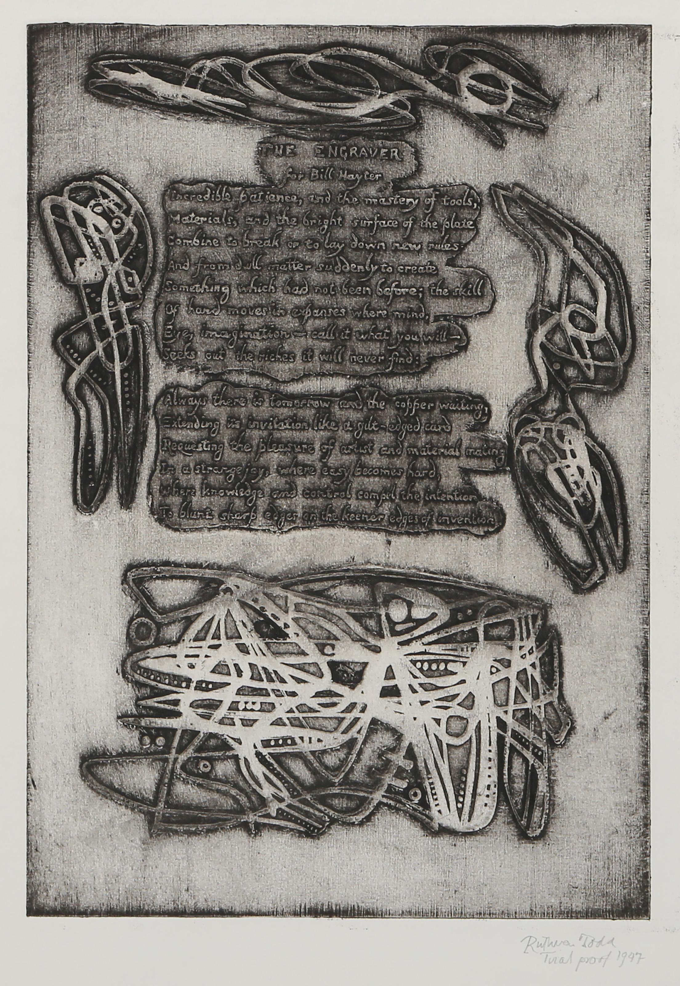 Stanley William Hayter, British (1901 - 1988) - The Engraver, Year:  1947, Medium:  Etching on copy paper, Edition:  Trial Proof, Image Size:  9.75 x 6.75 inches, Size:  14 x 11.5 in. (35.56 x 29.21 cm), Printer:  Printed at Atelier 17, New York,