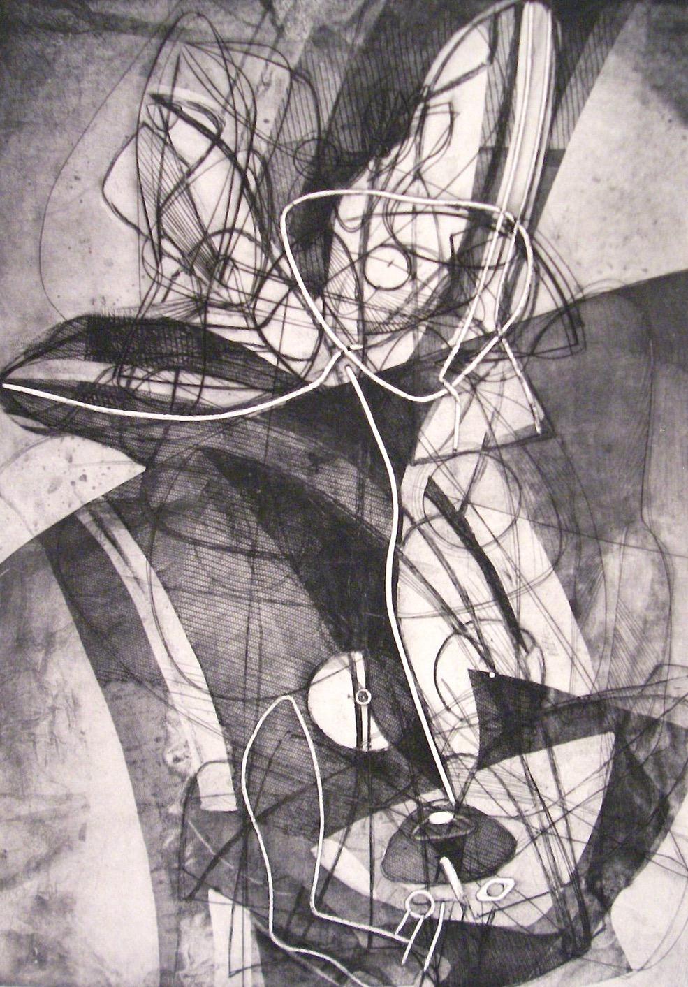 Black and Moorehead 198, edition of 50.
Signed, titled, and numbered, in pencil.
Made shortly after Stanley William Hayter returned to his Paris Atelier 17 from New York, Trois Personnage is a classic Hayter print: an extremely complex subject