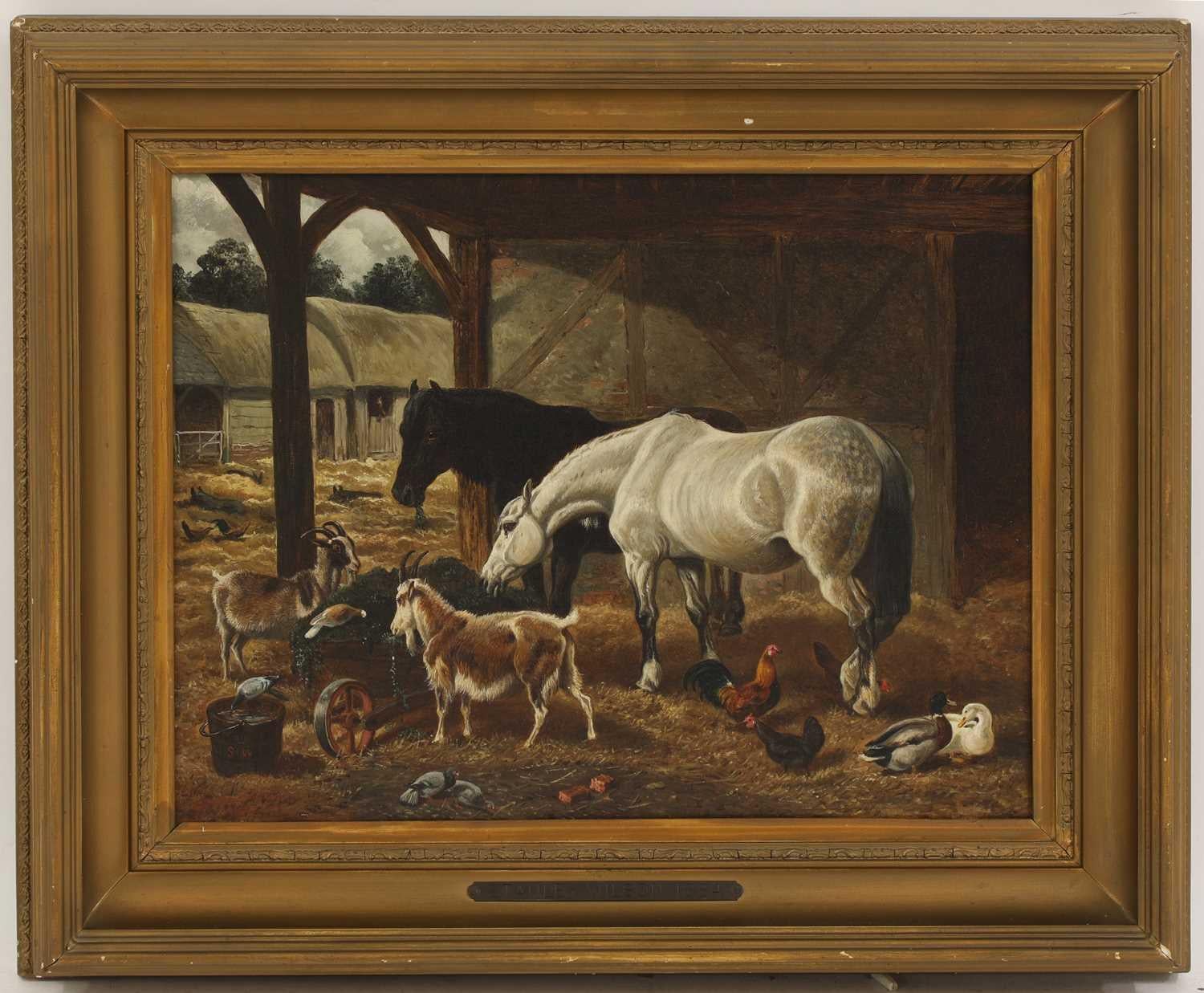 Scène de paysage à l'huile du 19e siècle, chevaux, chèvres dans une grange, par Stanley Wilson 2