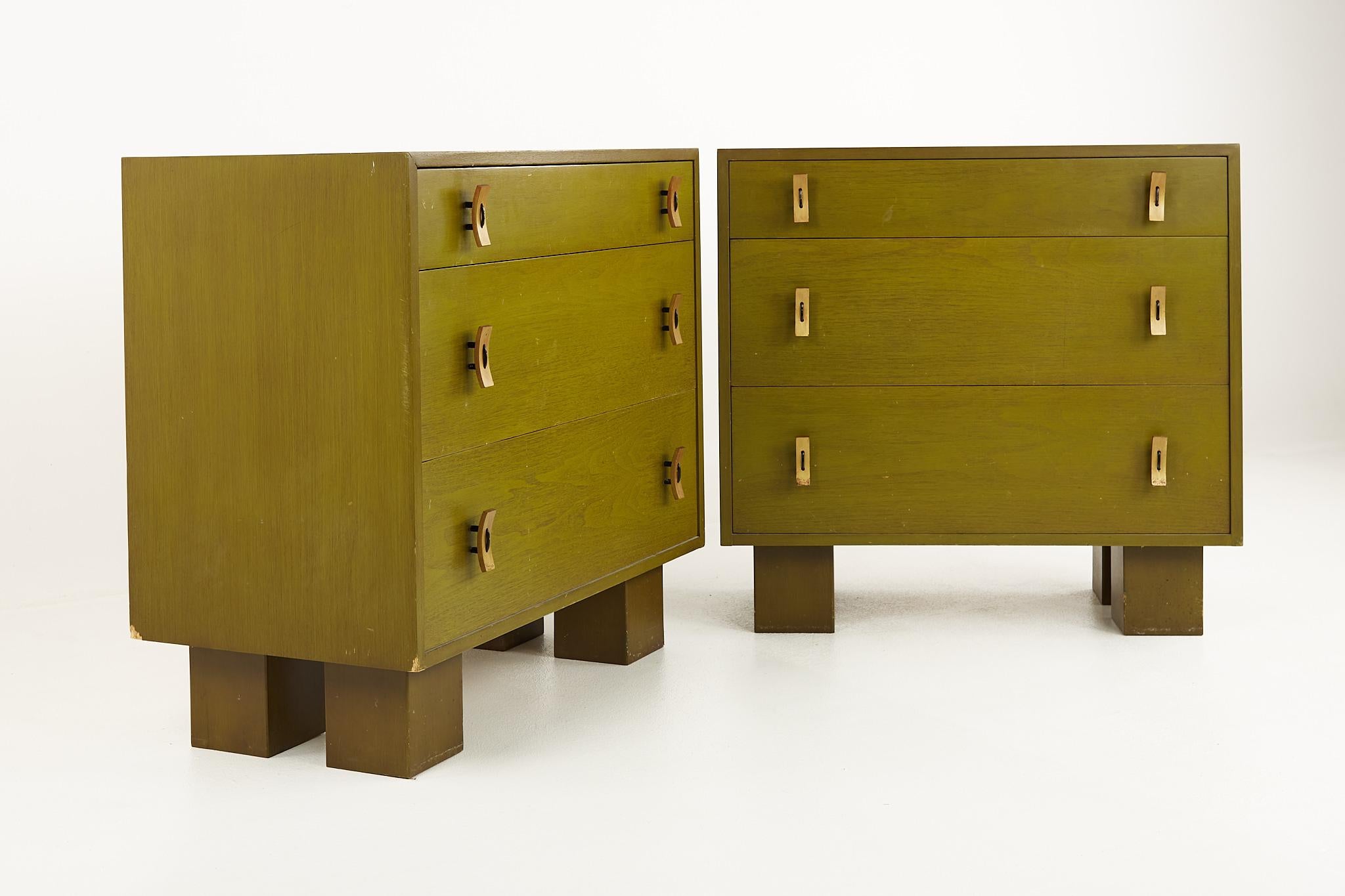 Stanley Young for Glenn of California mid century green 3 drawer chest - pair 

Each dresser measures: 32.75 wide x 19 deep x 31.25 inches high

All pieces of furniture can be had in what we call restored vintage condition. That means the piece