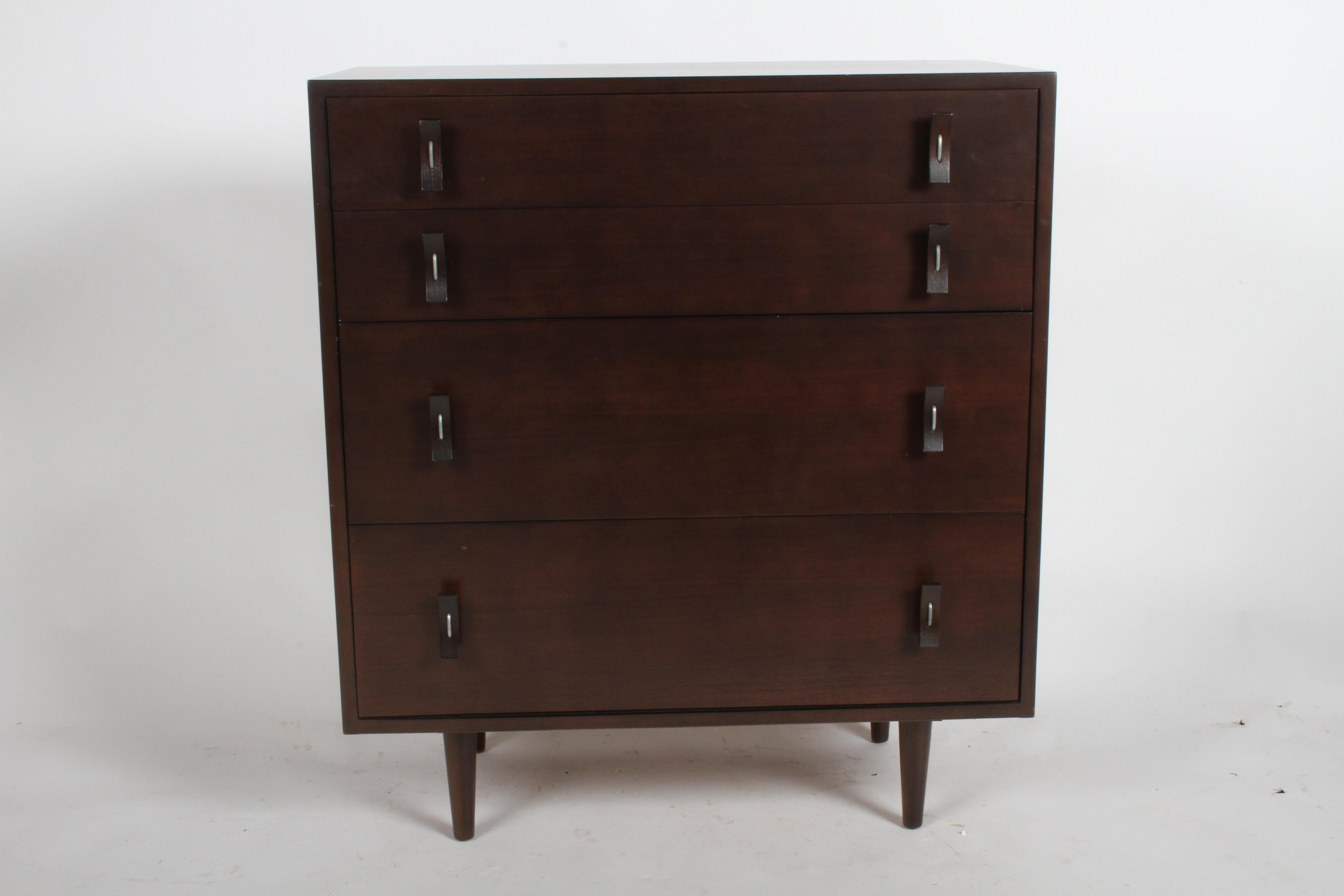 Mid-Century Modern Stanley young for Glenn of California four drawer chest of drawers on tapered dowel legs, walnut refinished in dark espresso with handles of aluminum and bentwood. 1st and 2nd drawer are 3-1/8