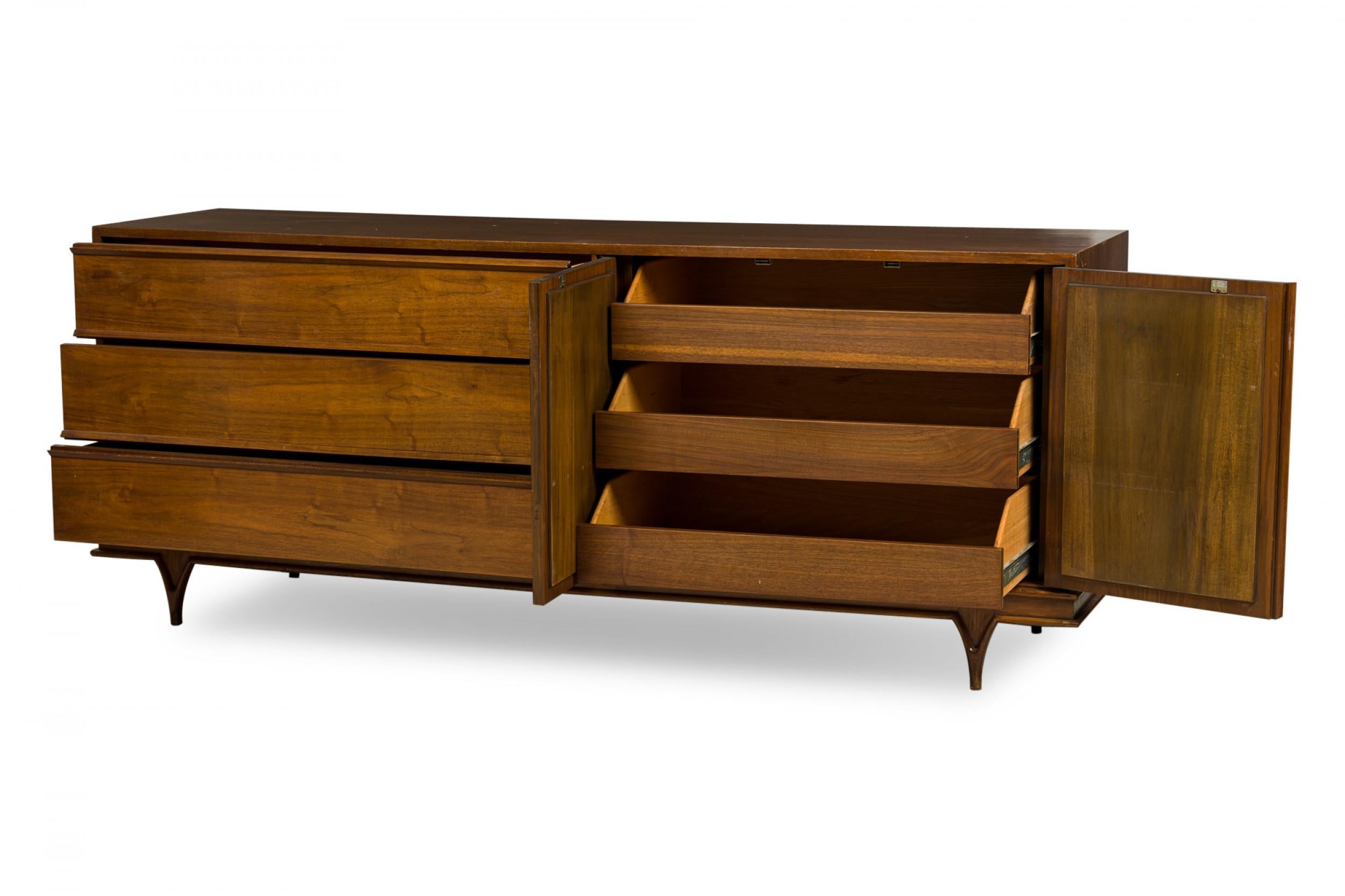 StanleyAmerican Mid-Century Modern Walnut Geometric Carved Front Sideboard For Sale 2
