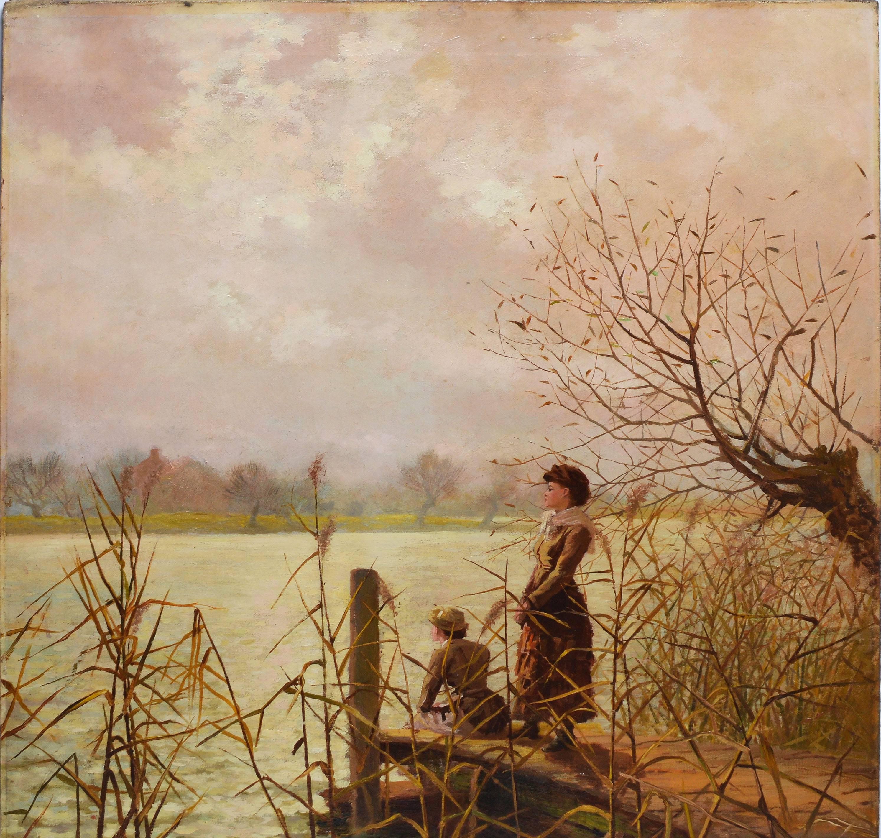 Impressionist fall landscape with figures by a dock.  Oil on canvas, circa 1890.  Signed lower right.  Unframed.  Image size, 28