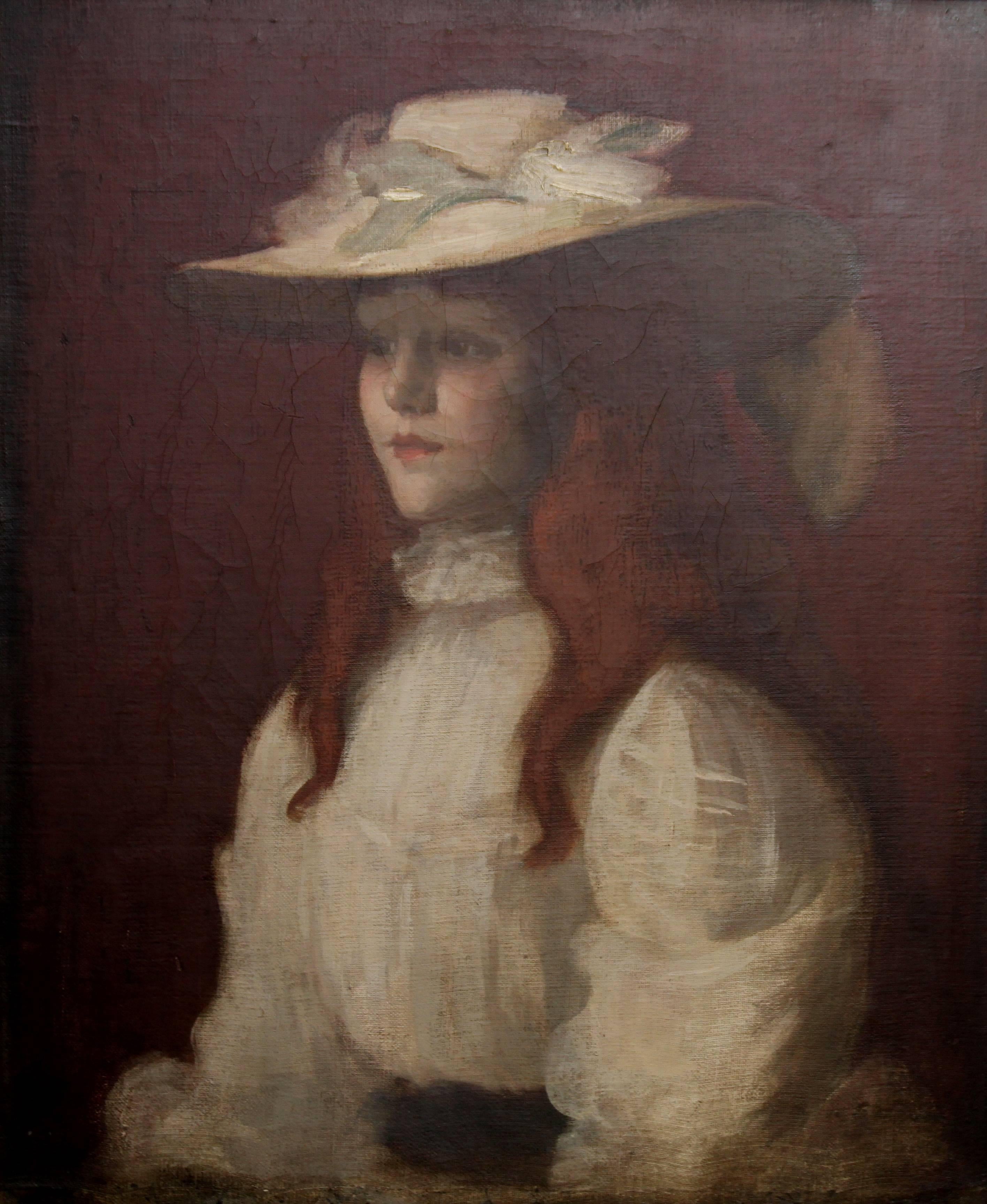Jeune fille au chapeau de paille - Peinture à l'huile d'un artiste écossais édouardien de Glasgow - Painting de Stansmore Richmond Leslie Deans