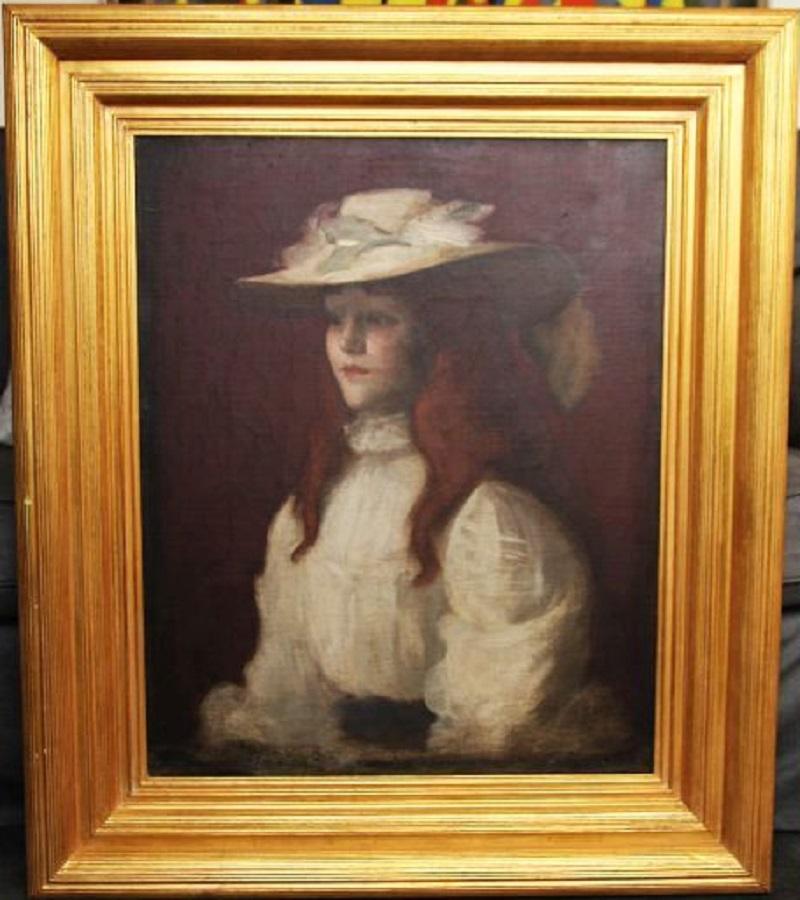 Girl in Straw Hat - Scottish Edwardian Glasgow Girl artist portrait oil painting - Impressionist Painting by Stansmore Richmond Leslie Deans