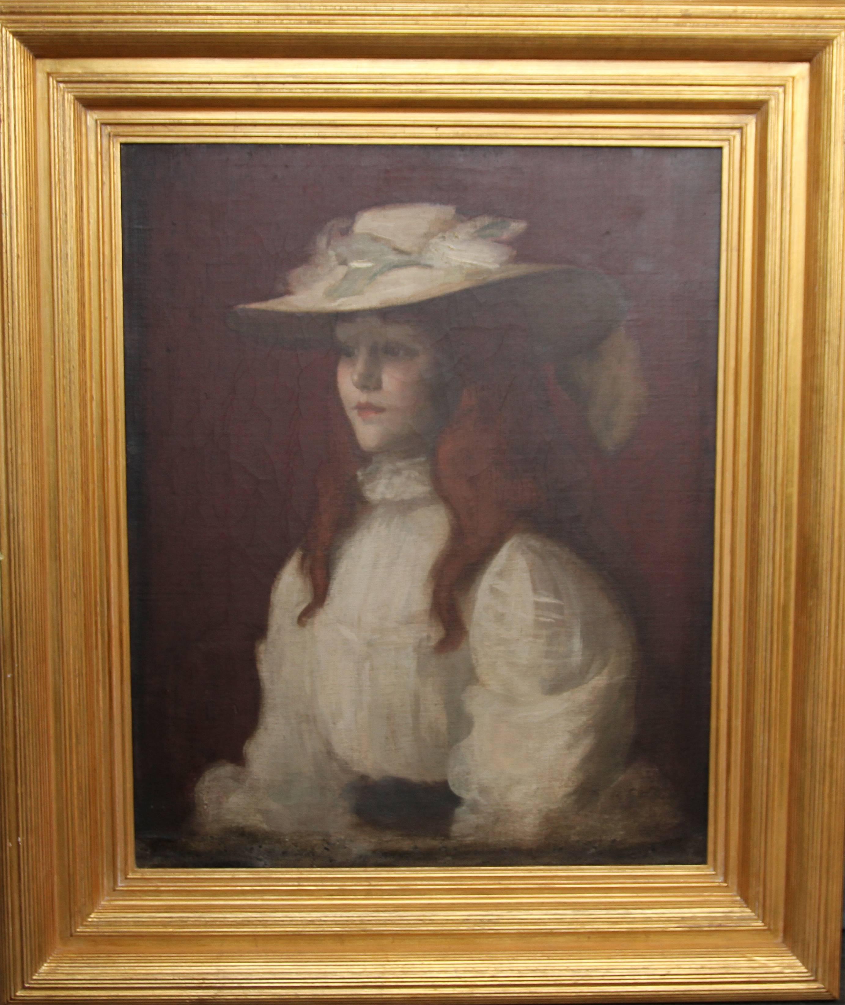 Portrait Painting Stansmore Richmond Leslie Deans - Jeune fille au chapeau de paille - Peinture à l'huile d'un artiste écossais édouardien de Glasgow