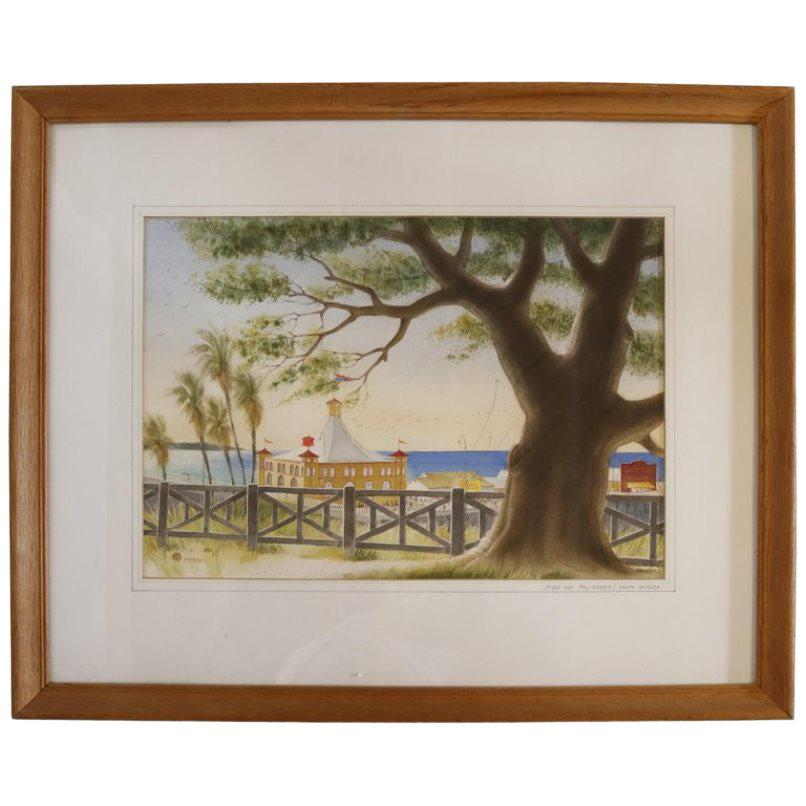 Delicate watercolor of a view of Pacific Palisades Pier.
Signed Stanton and titled "Pier and Palisades in Santa Monica".
Stanton Manolakas was born in 1946 in Detroit, Michigan.
He began painting in 1981 choosing watercolor to create his realistic