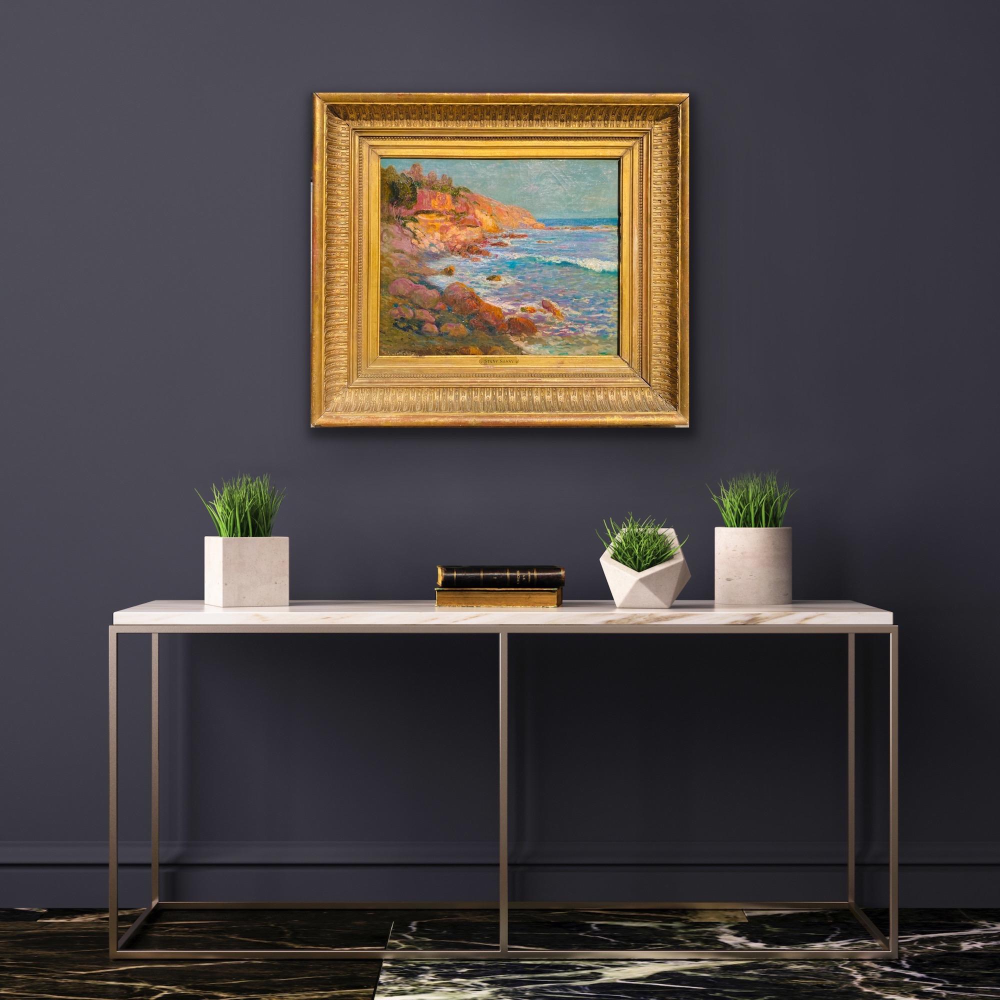 French 19th century impressionist painting Sea French Riviera Cote d'Azur Coast - Painting by Stany Sassy