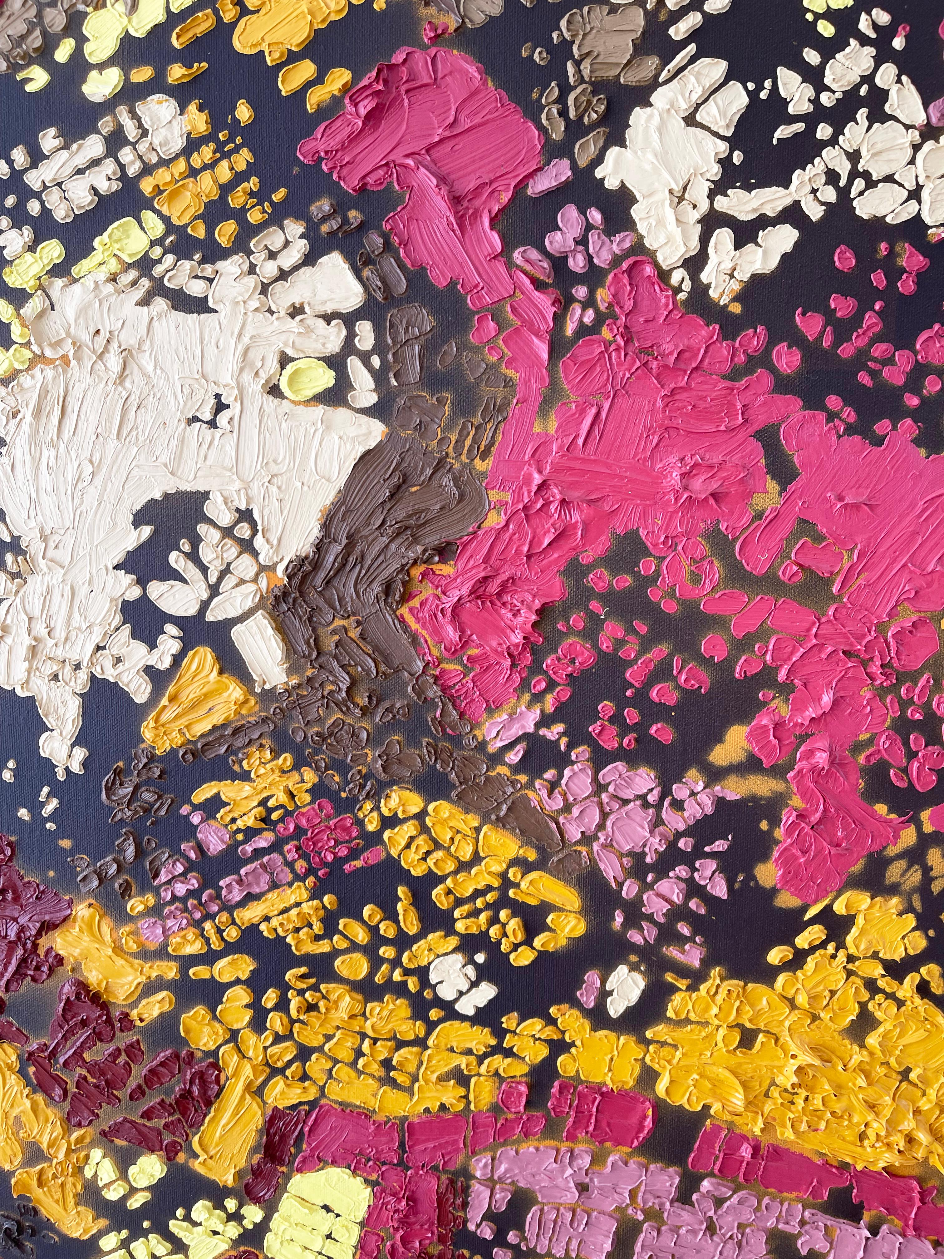 A Closer Desire – Britisches abstraktes Ölgemälde, Stadtlandschaft, Mapping Gelb  – Painting von Stanza