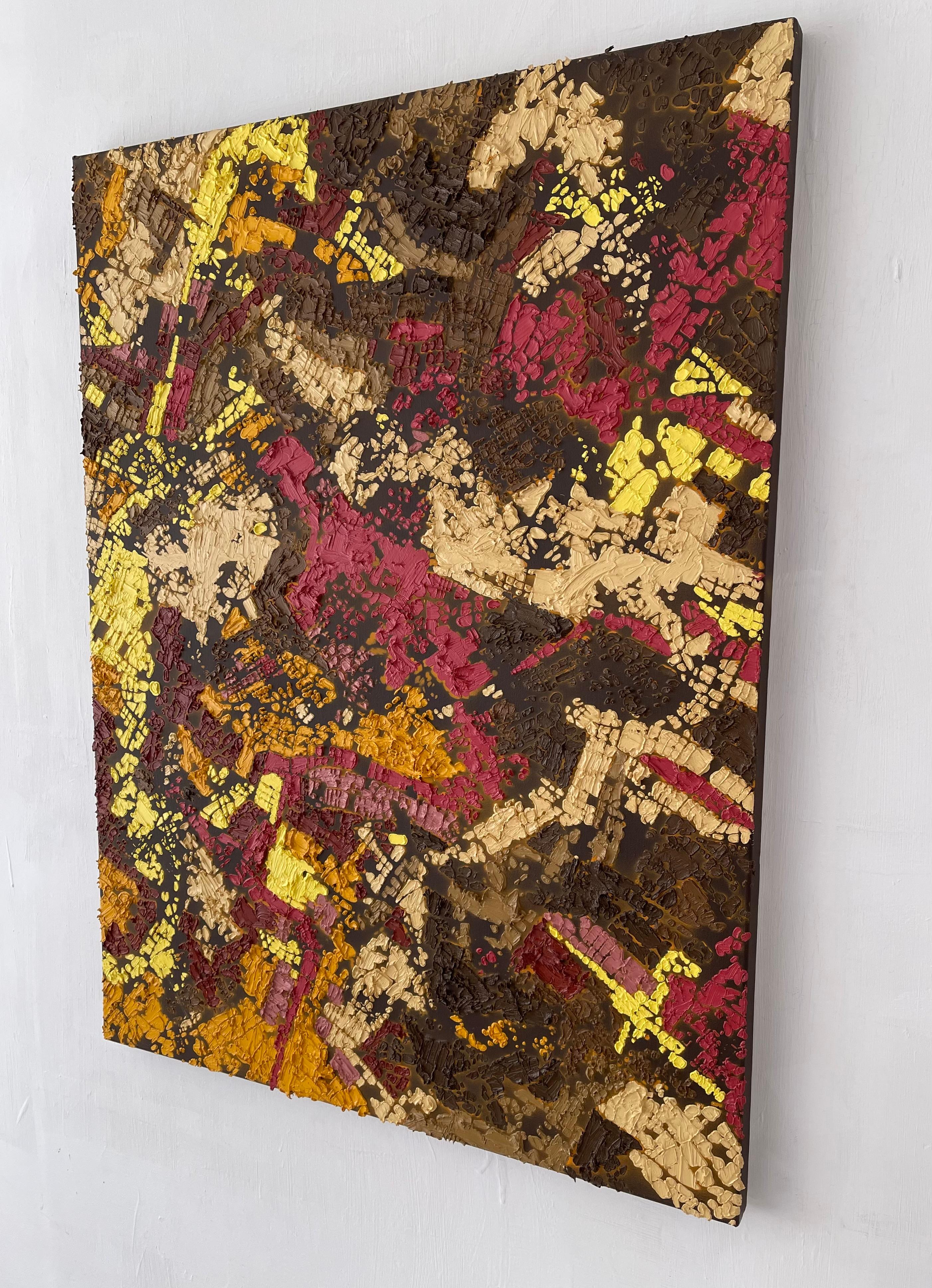 A Closer Desire – Britisches abstraktes Ölgemälde, Stadtlandschaft, Mapping Gelb  (Abstrakt), Painting, von Stanza
