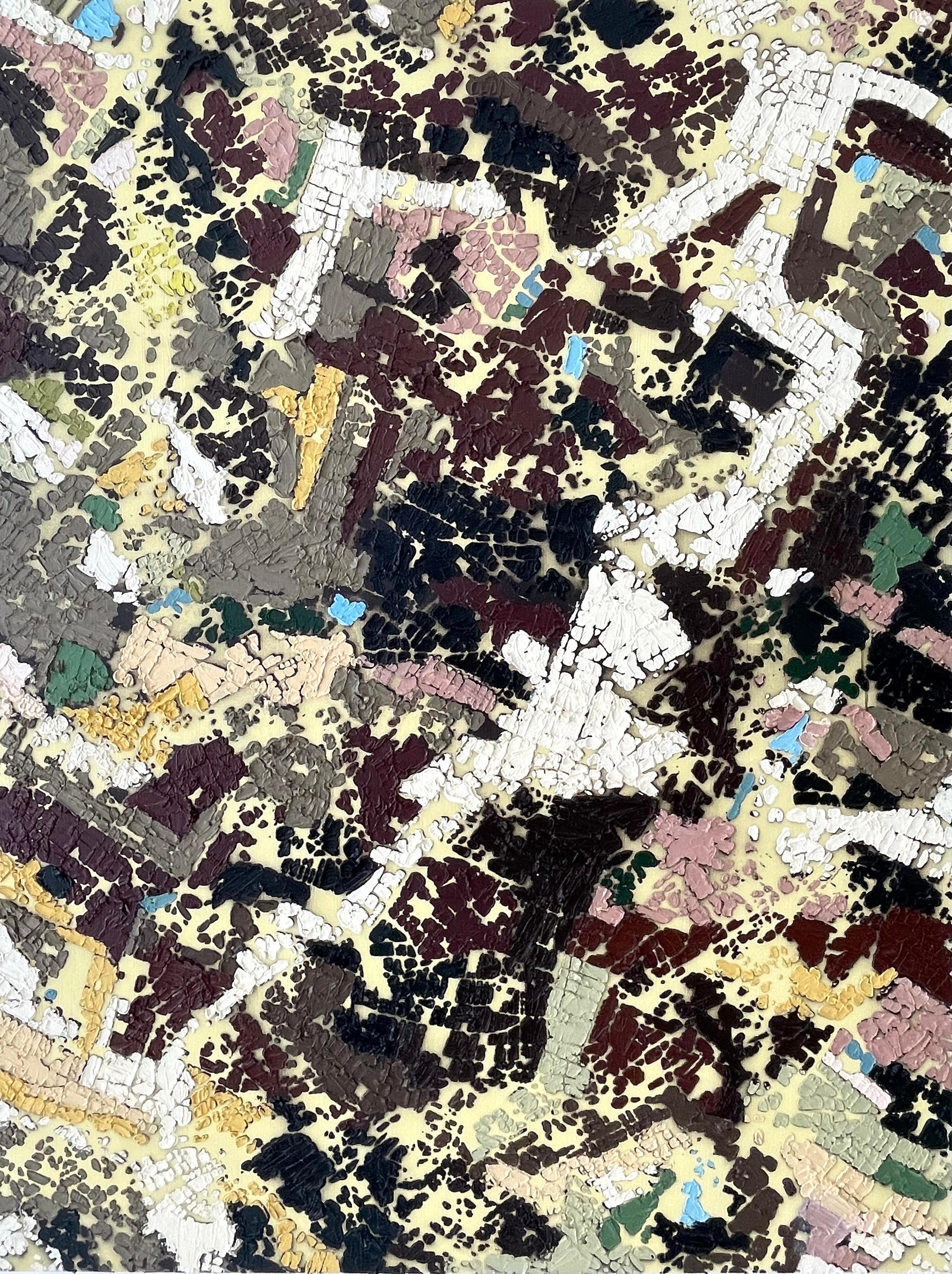 A Major Incident - Britisches abstraktes Ölgemälde, Stadtlandschaft, Mapping gelb (Abstrakt), Painting, von Stanza