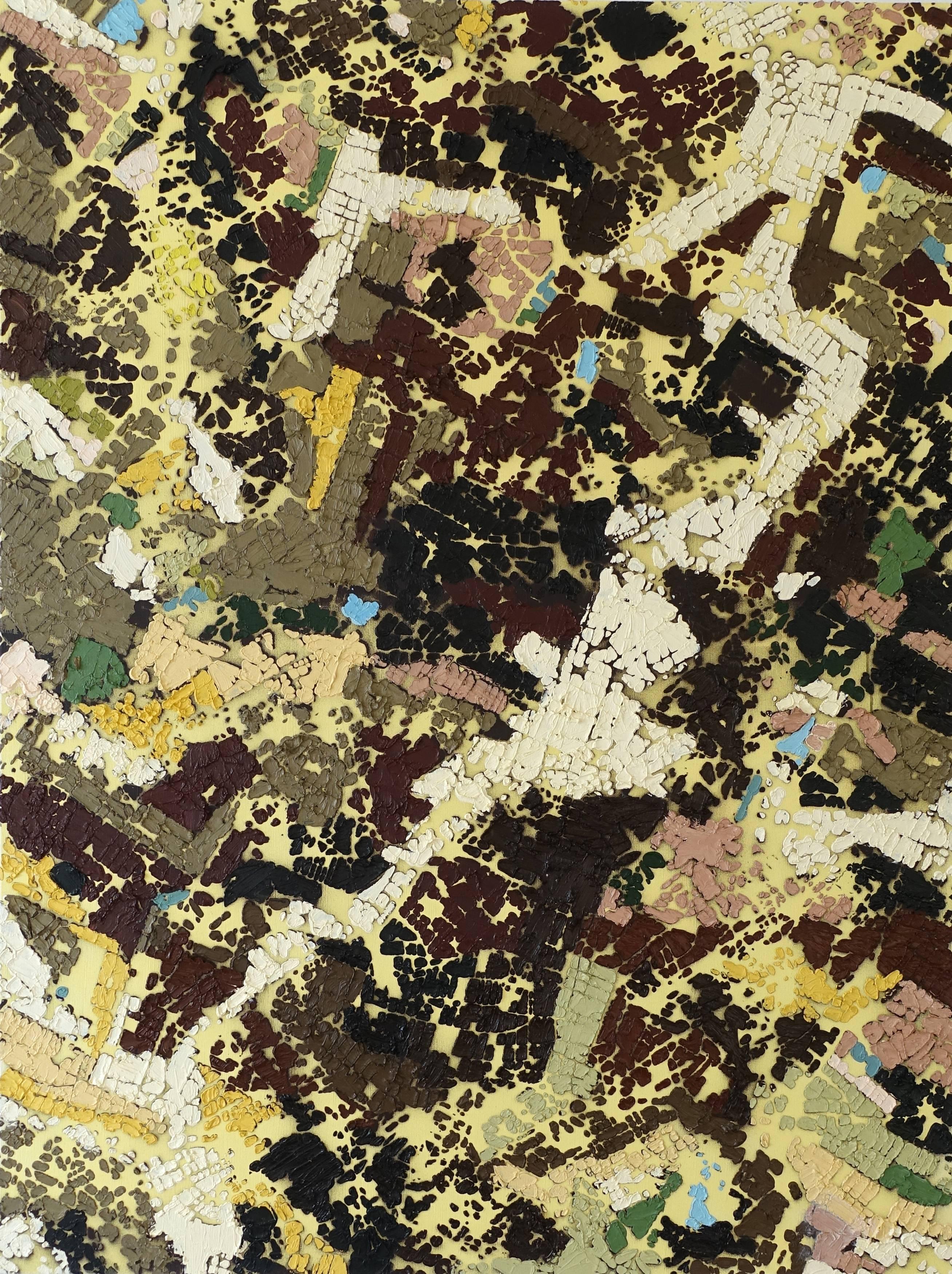 Stanza Abstract Painting – A Major Incident - Britisches abstraktes Ölgemälde, Stadtlandschaft, Mapping gelb